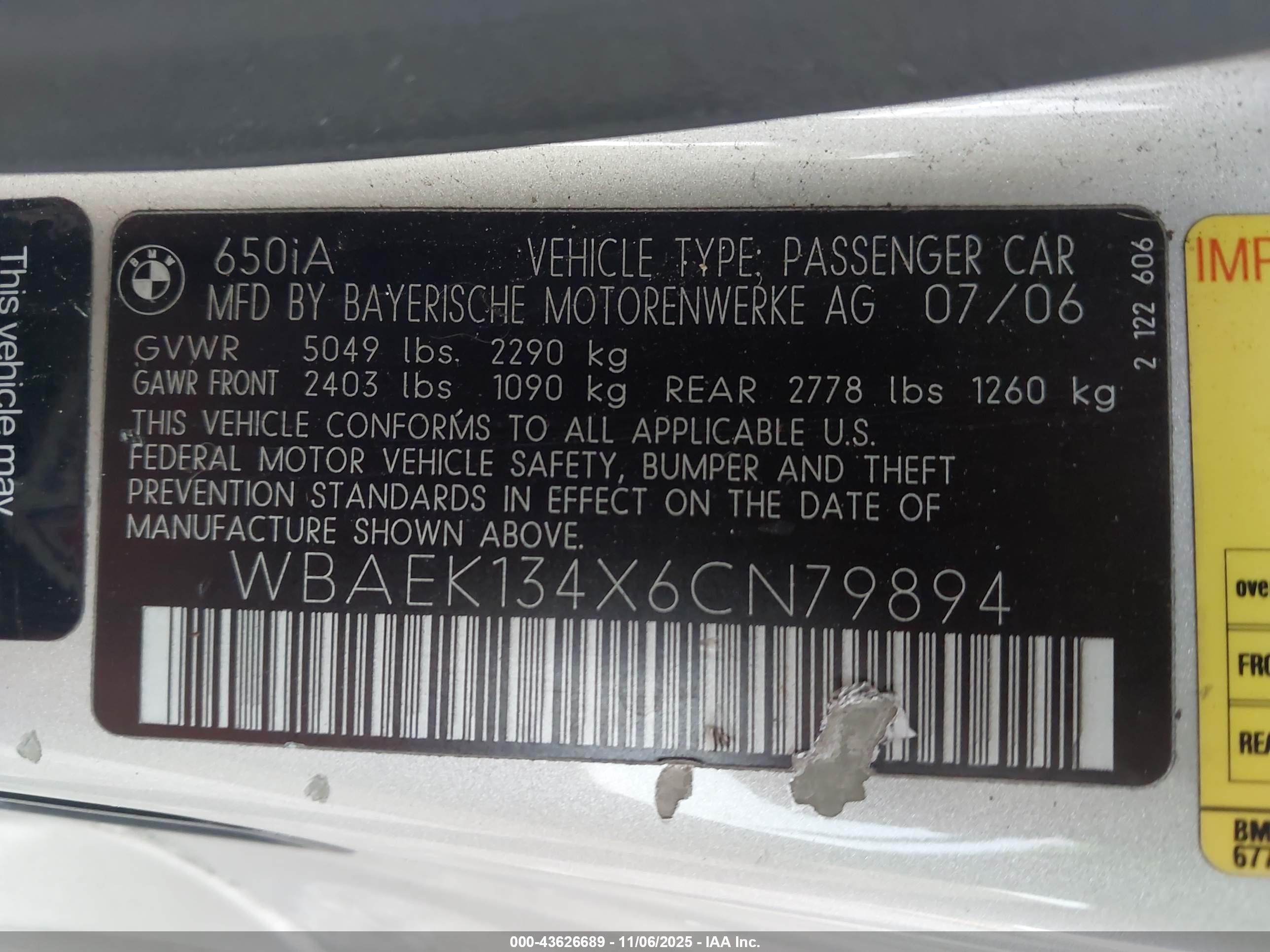 2006 Bmw 650i   Silver vin: WBAEK134X6CN79894