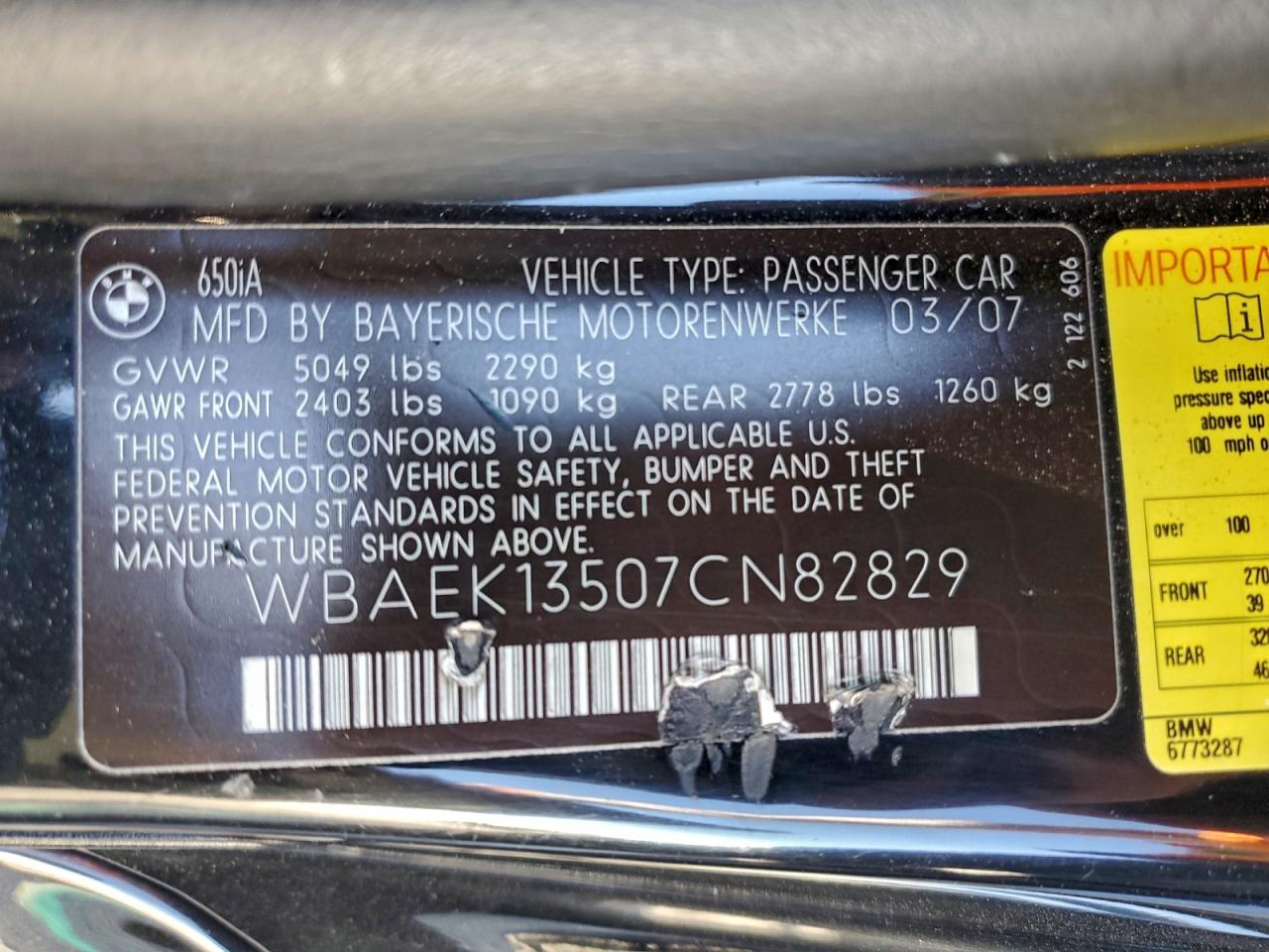 2007 Bmw 650 I Black vin: WBAEK13507CN82829