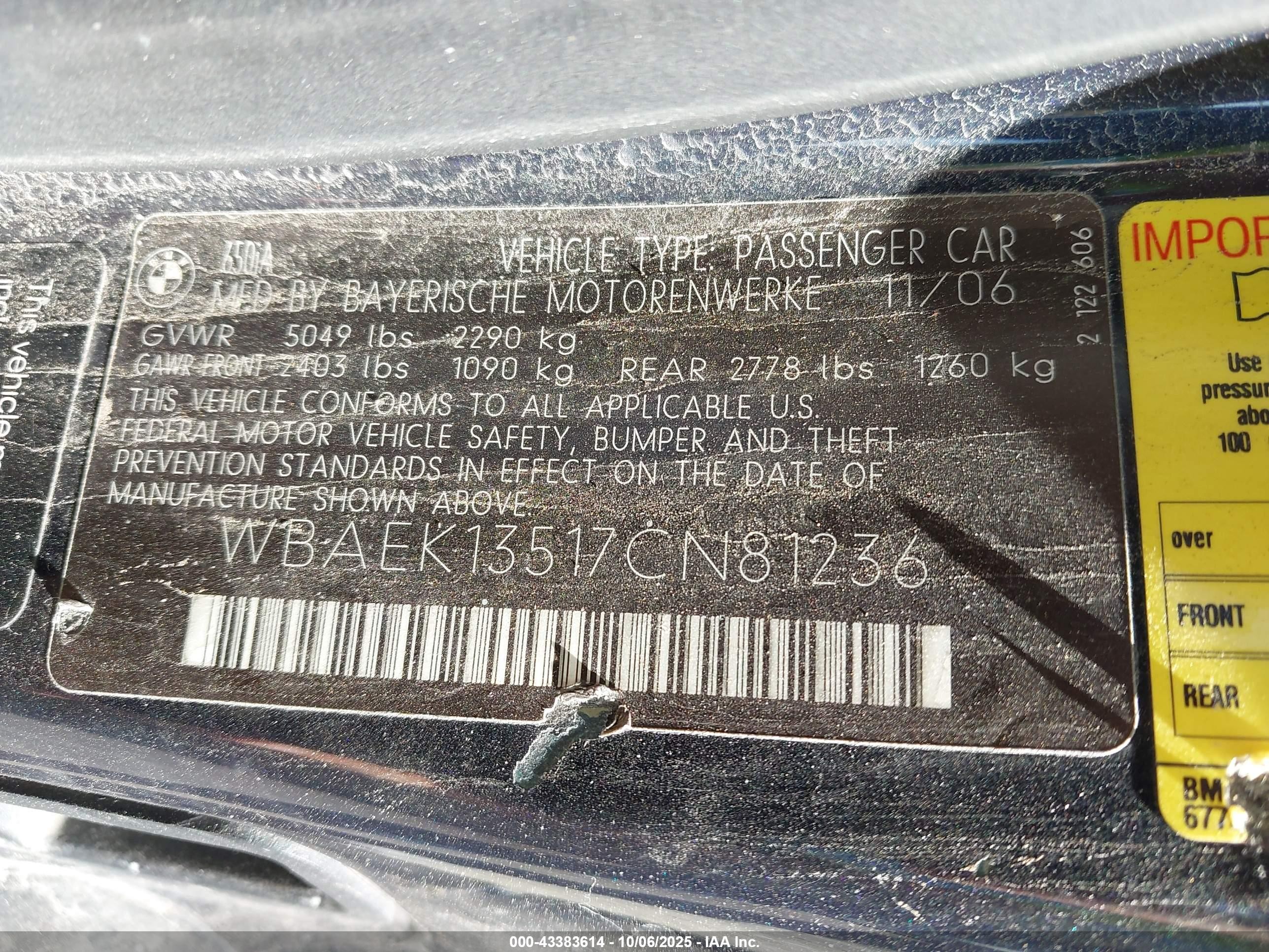 2007 Bmw 650i   Blue vin: WBAEK13517CN81236
