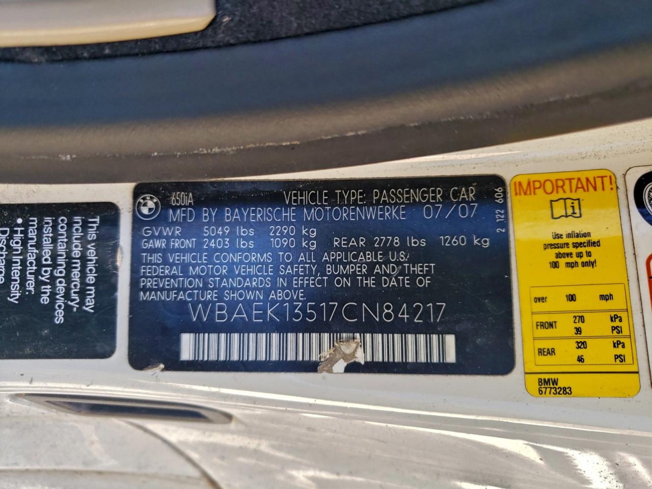 2007 Bmw 650 I White vin: WBAEK13517CN84217