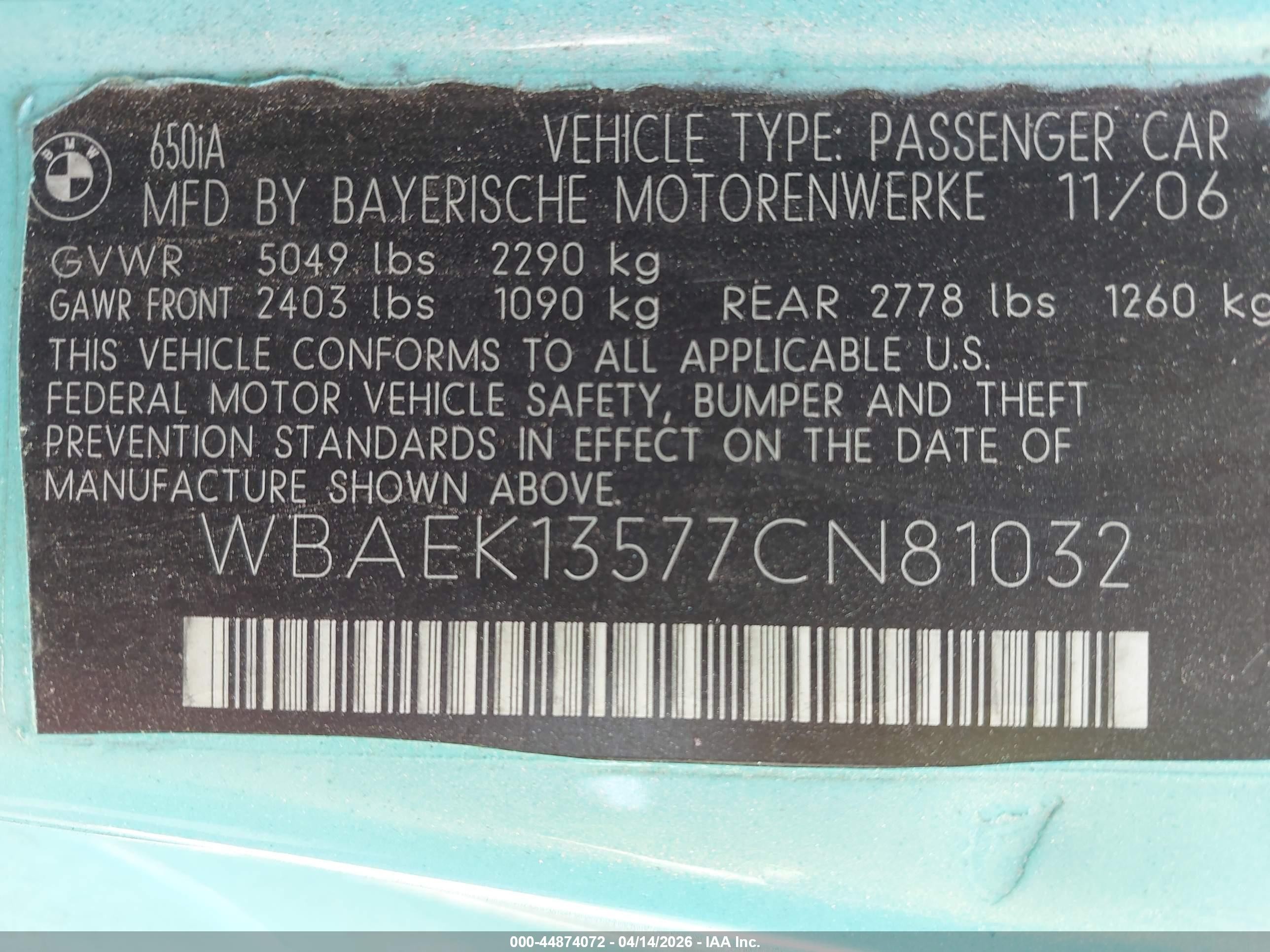 2007 Bmw 650i   Light Blue vin: WBAEK13577CN81032