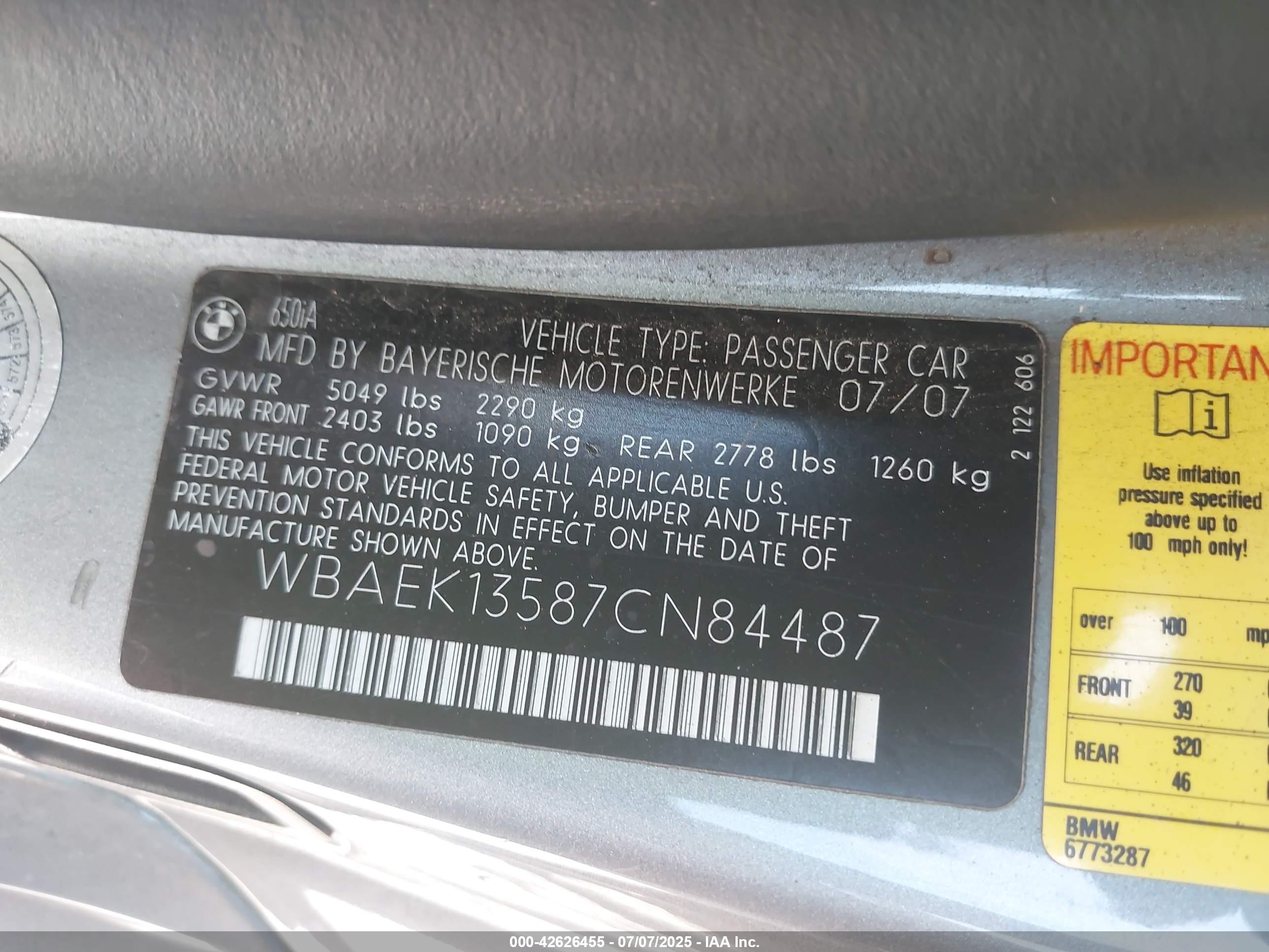 2007 Bmw 650i   Gray vin: WBAEK13587CN84487