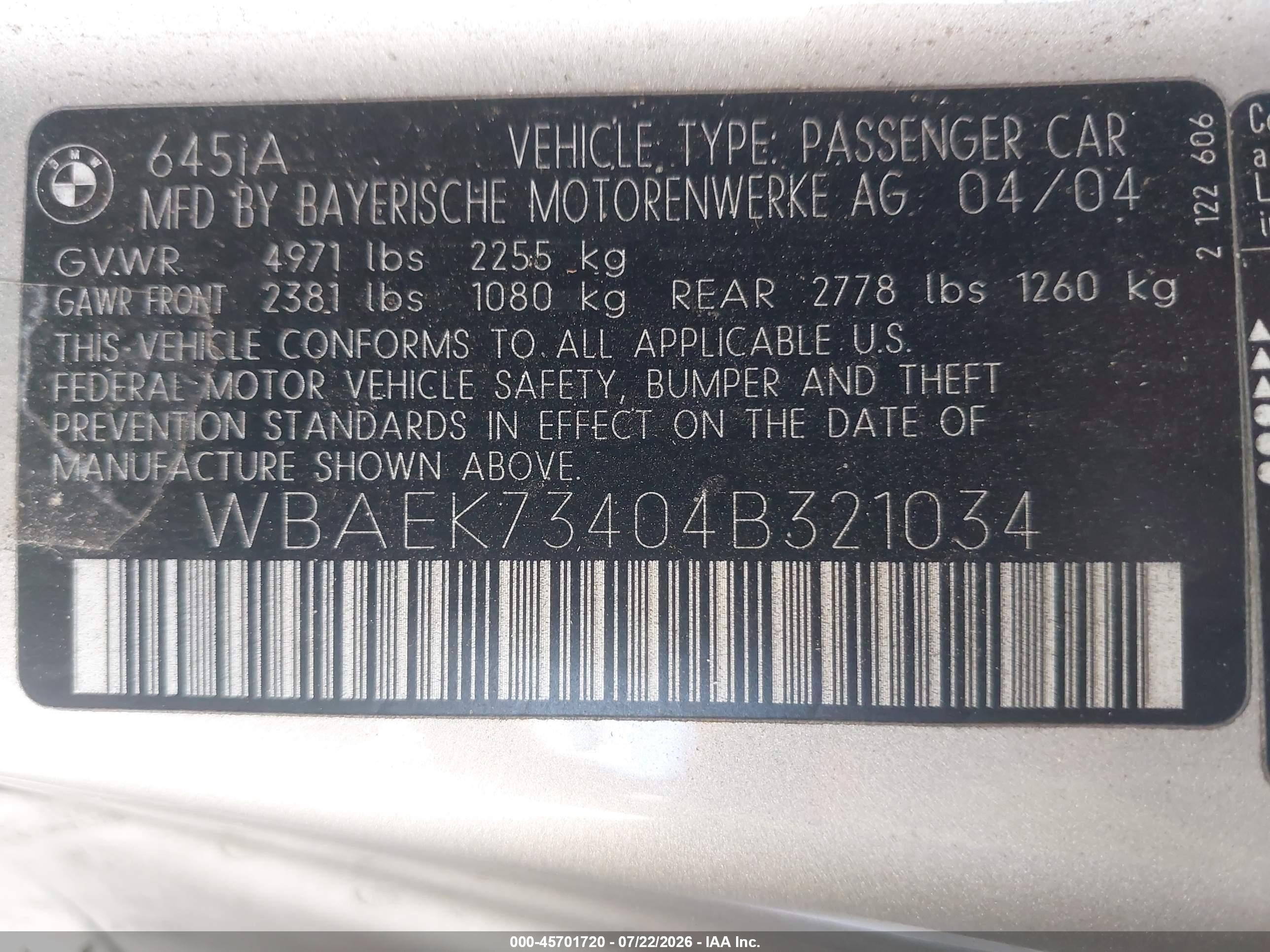 2004 Bmw 645ci   Champagne vin: WBAEK73404B321034