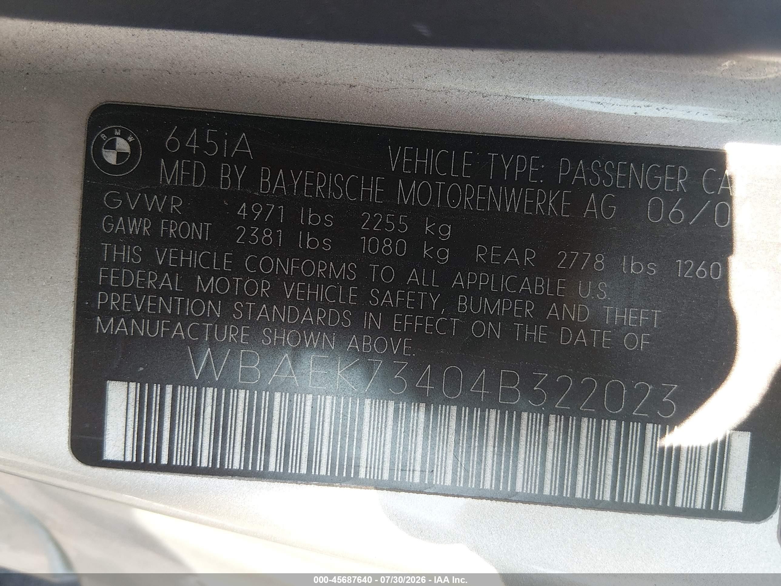 2004 Bmw 645ci   Gray vin: WBAEK73404B322023