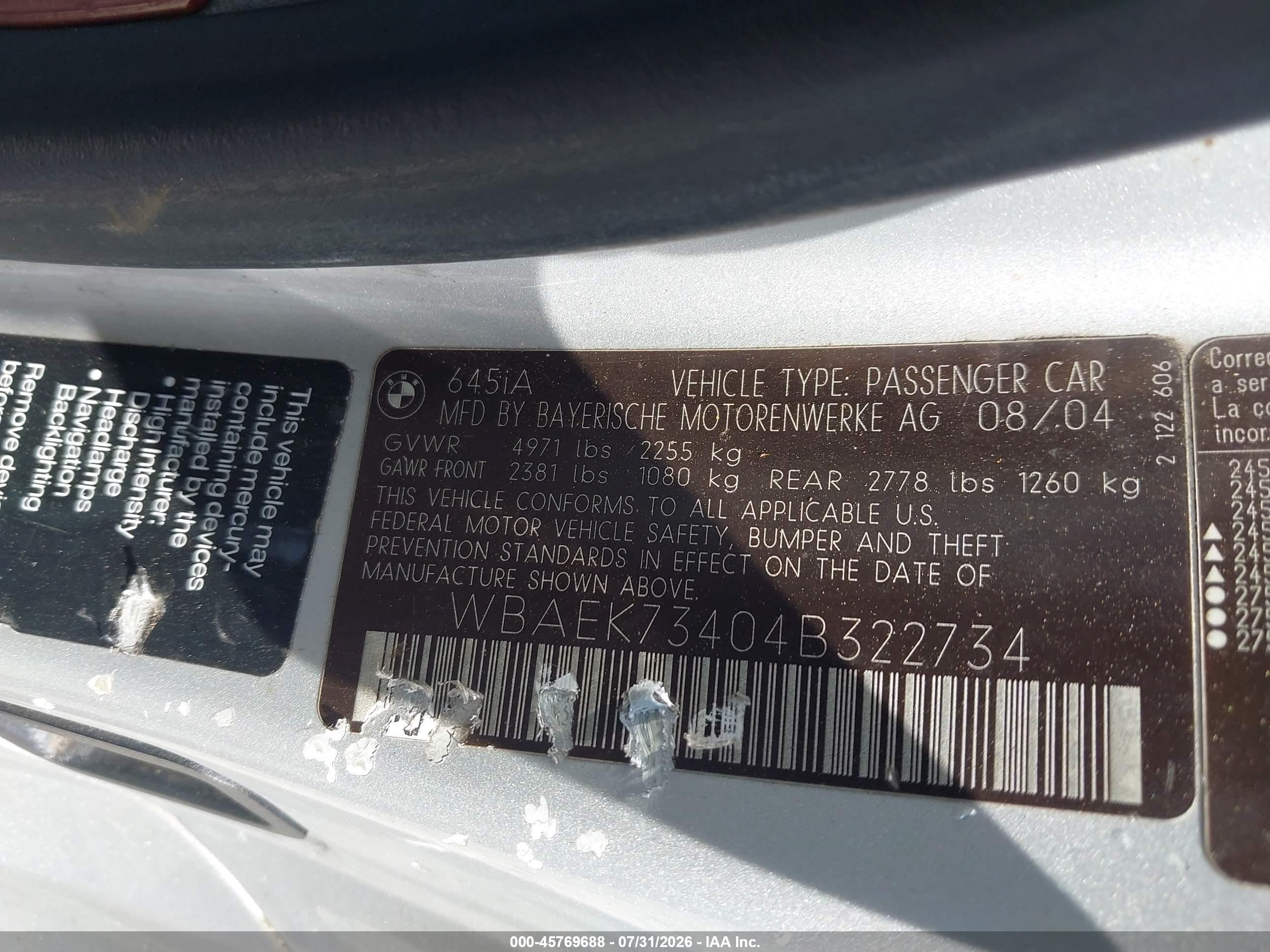 2004 Bmw 645ci   Silver vin: WBAEK73404B322734