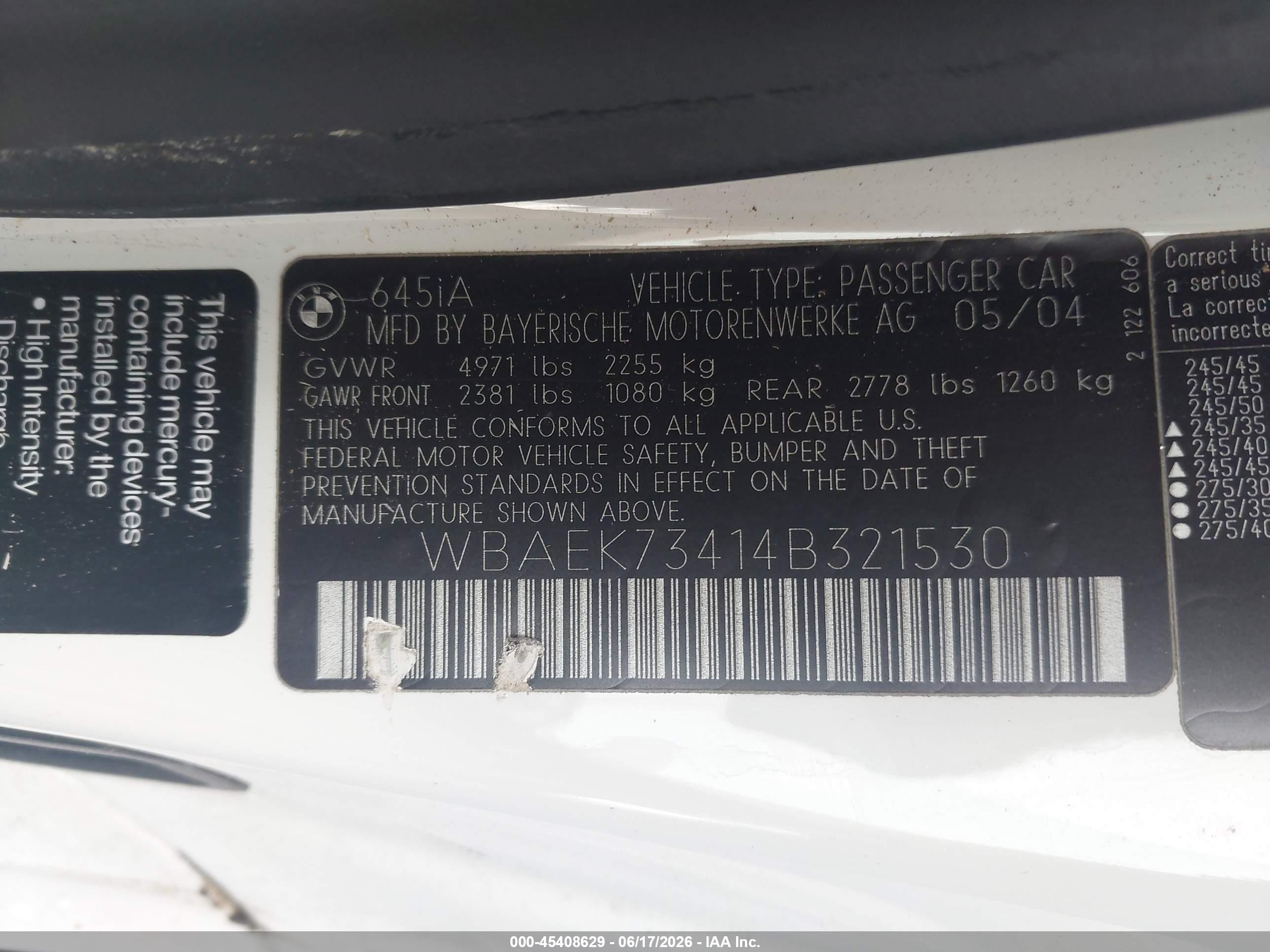 2004 Bmw 645ci   White vin: WBAEK73414B321530
