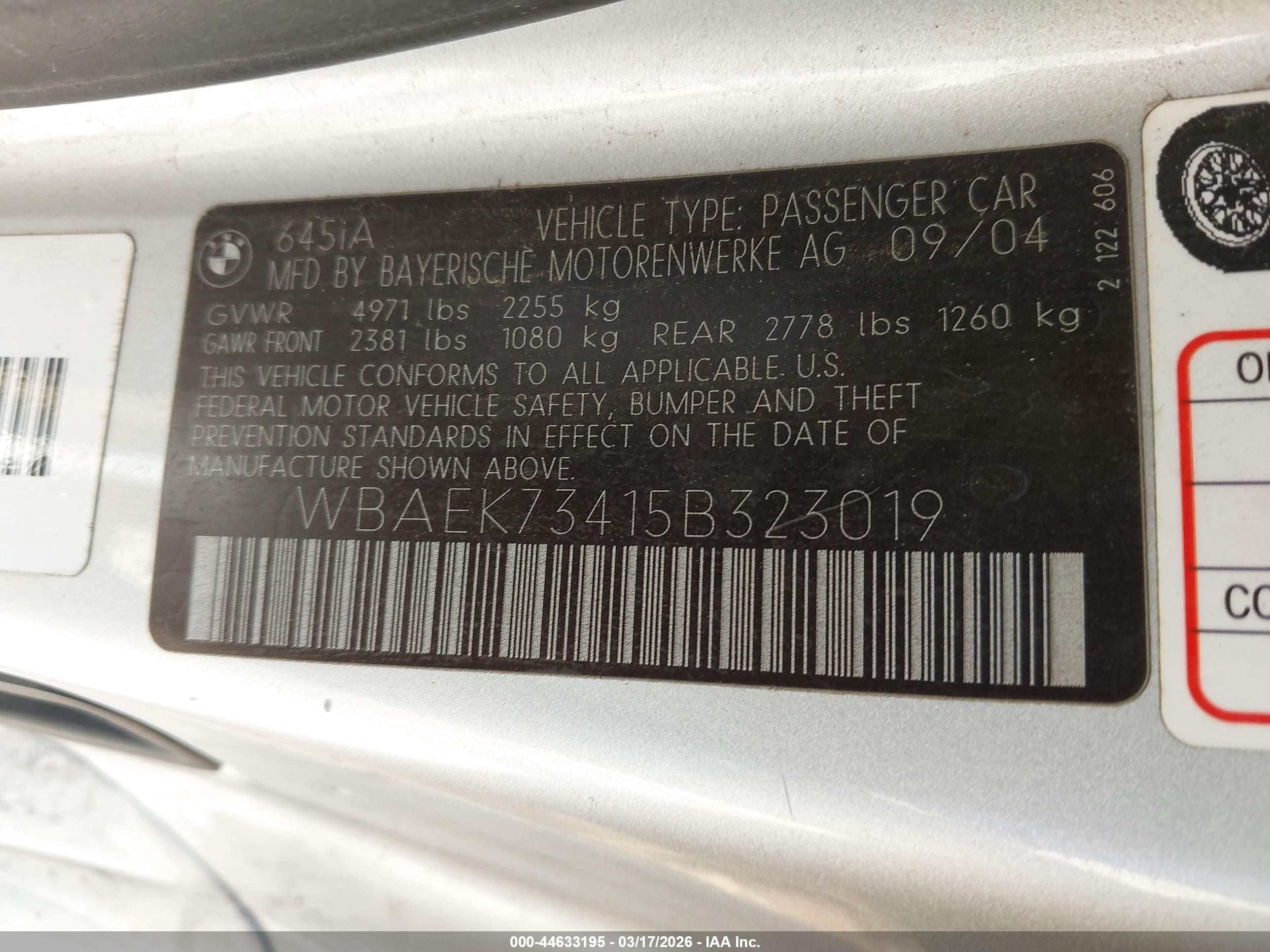 2005 Bmw 645ci   Silver vin: WBAEK73415B323019