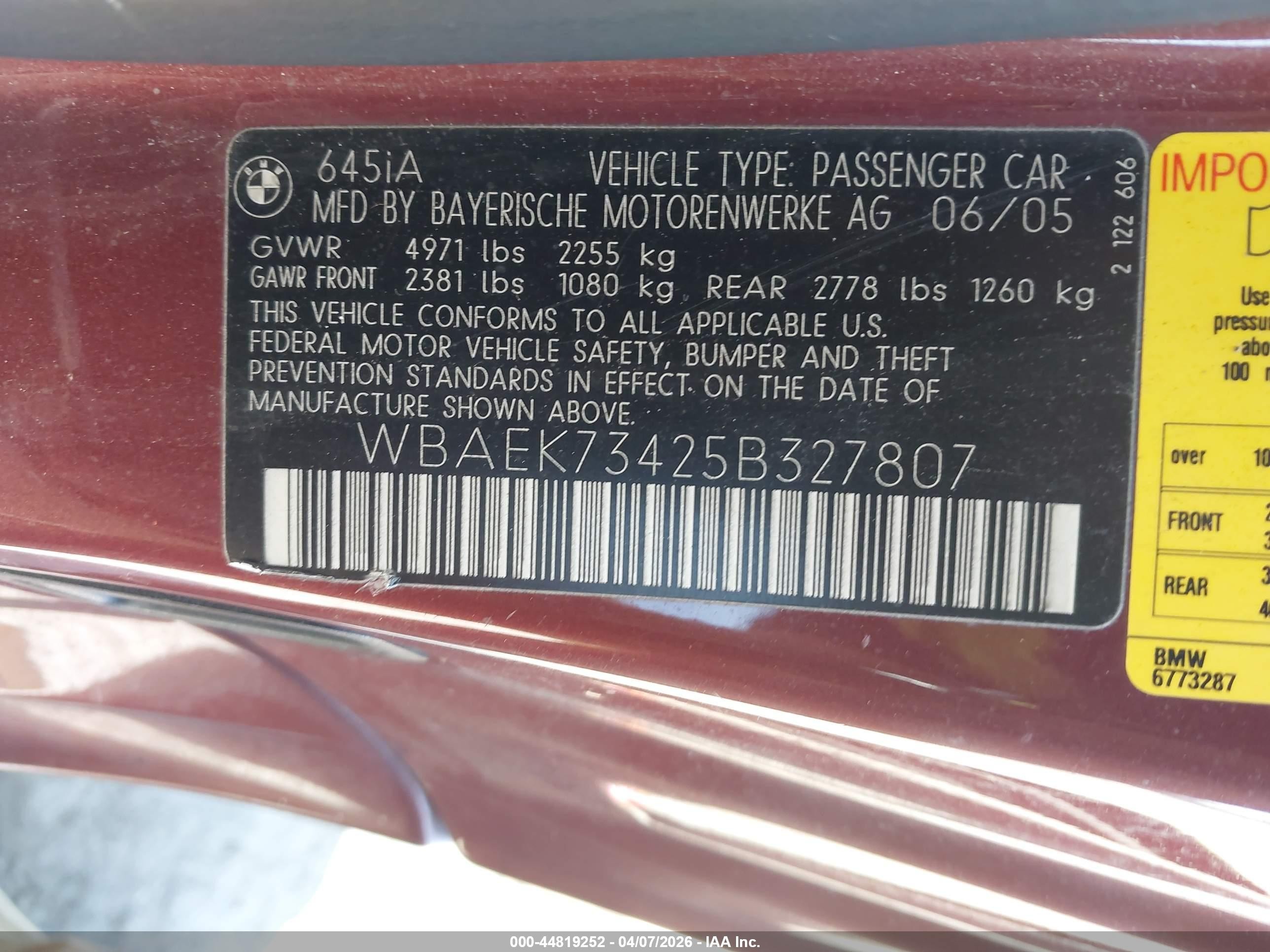 2005 Bmw 645ci   Burgundy vin: WBAEK73425B327807