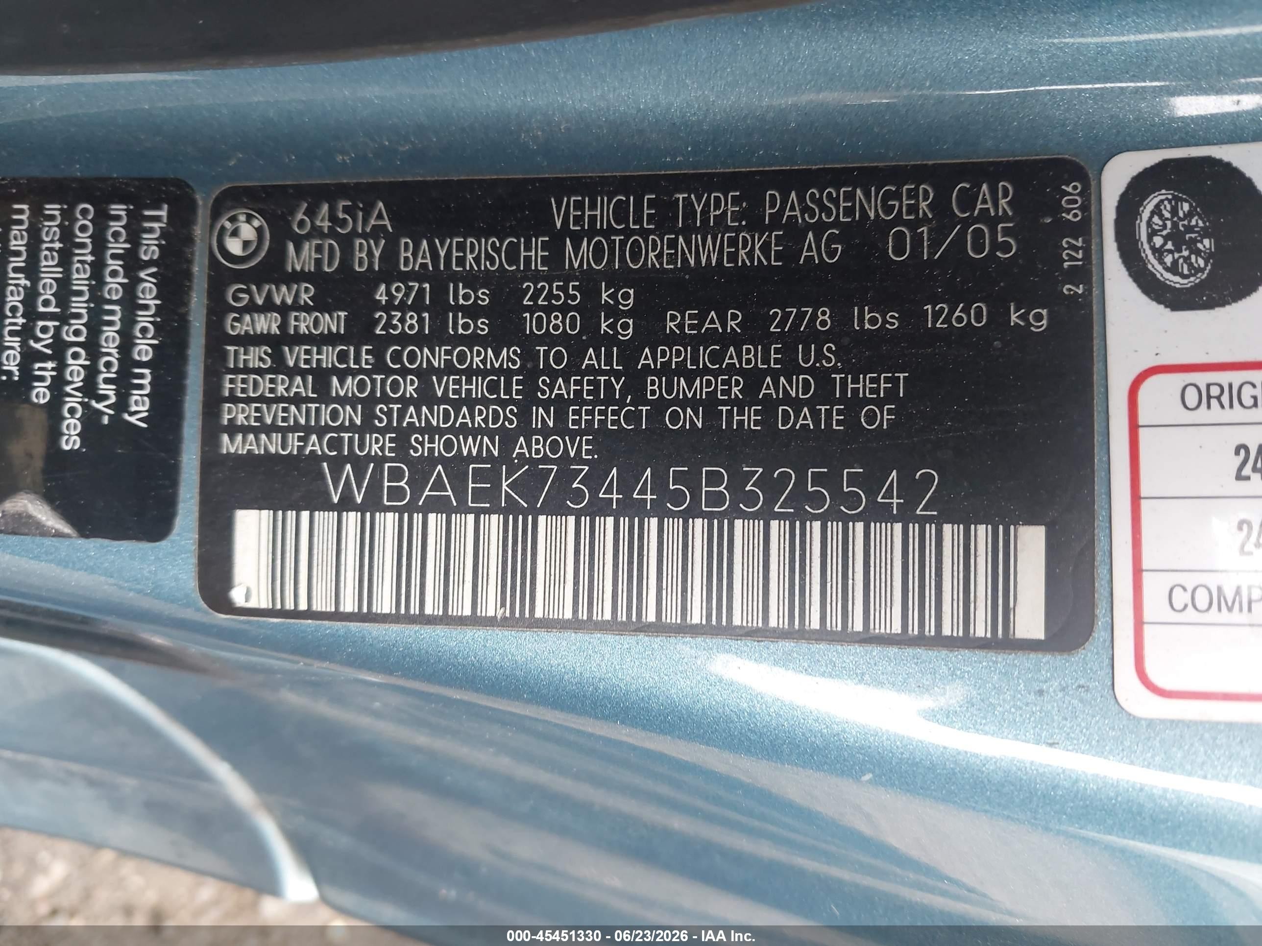 2005 Bmw 645ci   Синий vin: WBAEK73445B325542