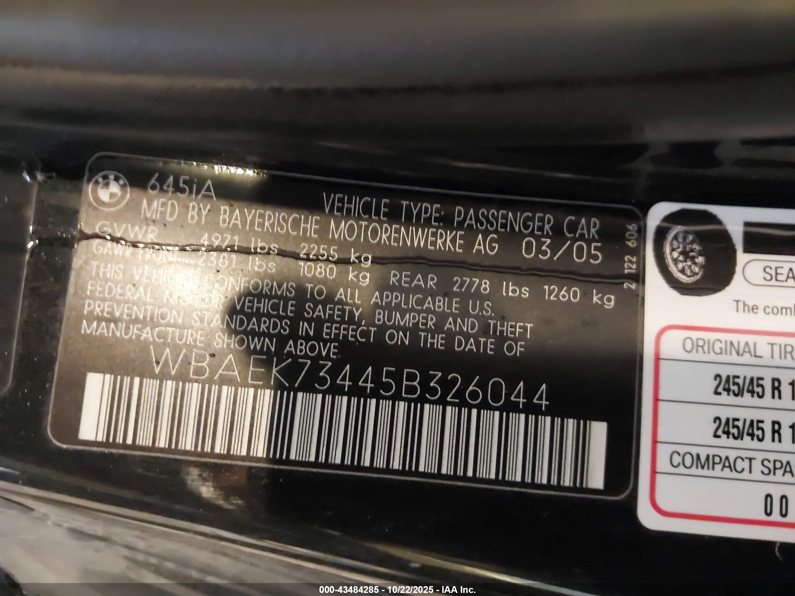 2005 Bmw 645ci   Black vin: WBAEK73445B326044