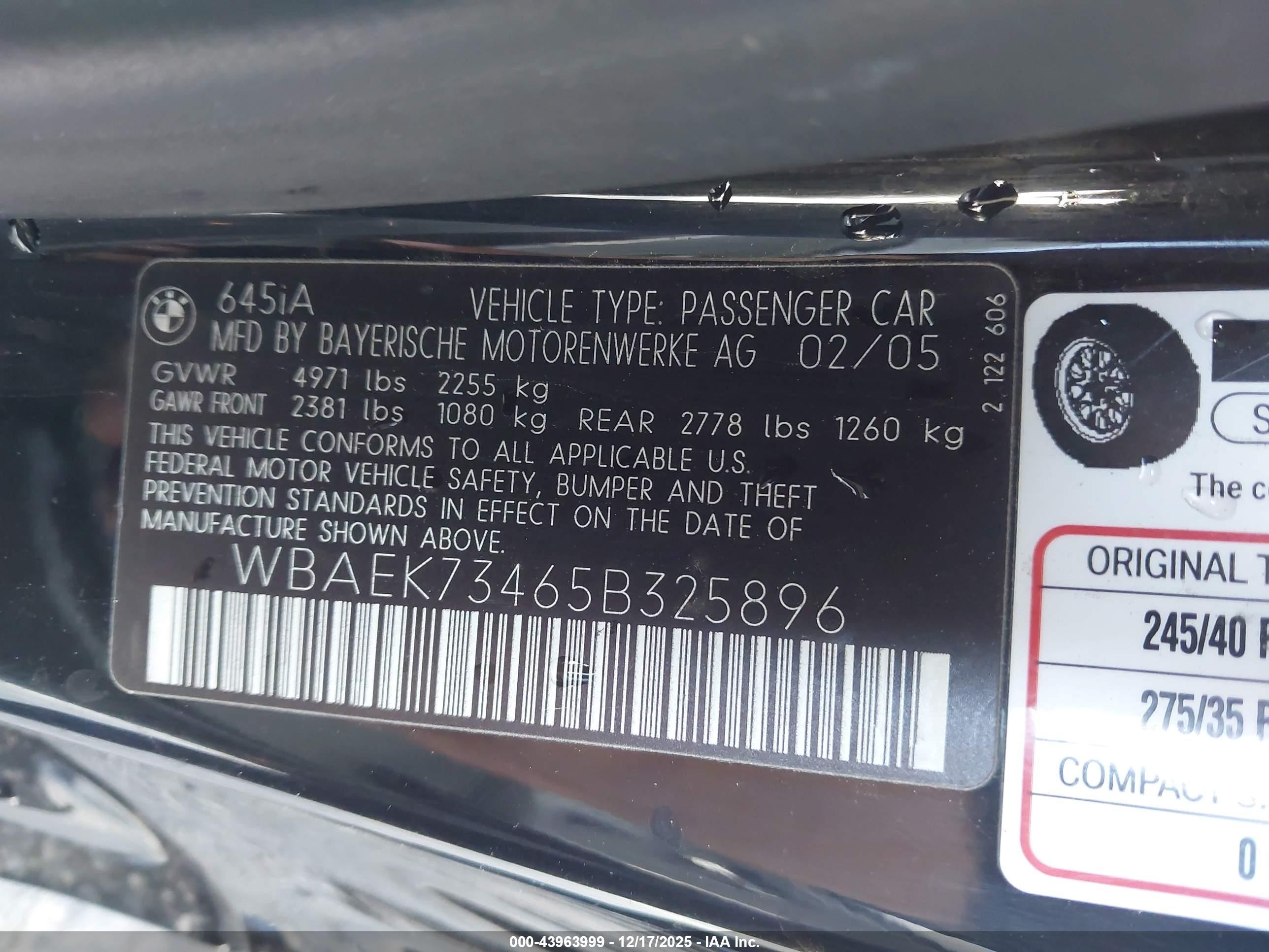 2005 Bmw 645ci   Черный vin: WBAEK73465B325896