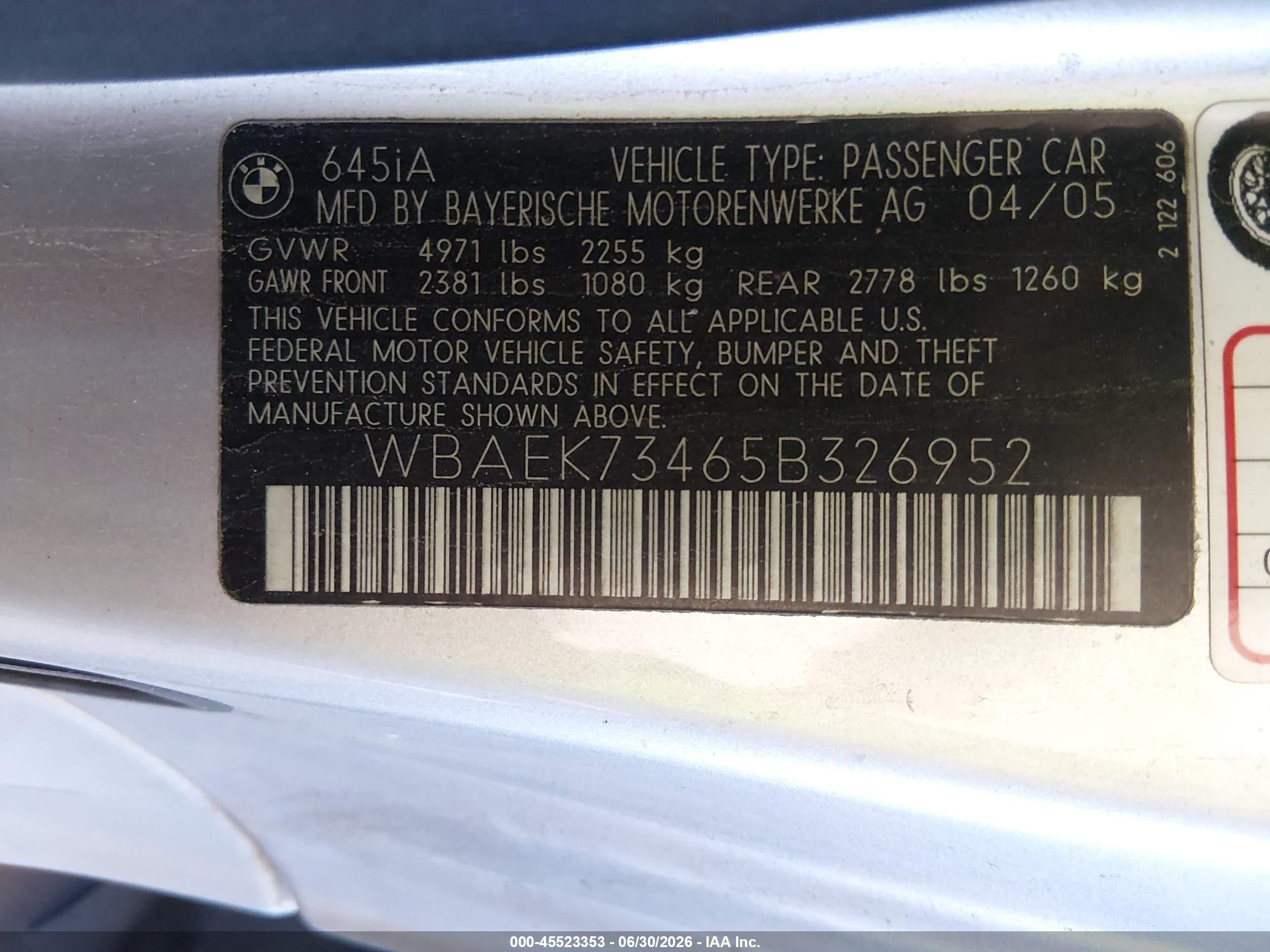 2005 Bmw 645ci   Серебряный vin: WBAEK73465B326952