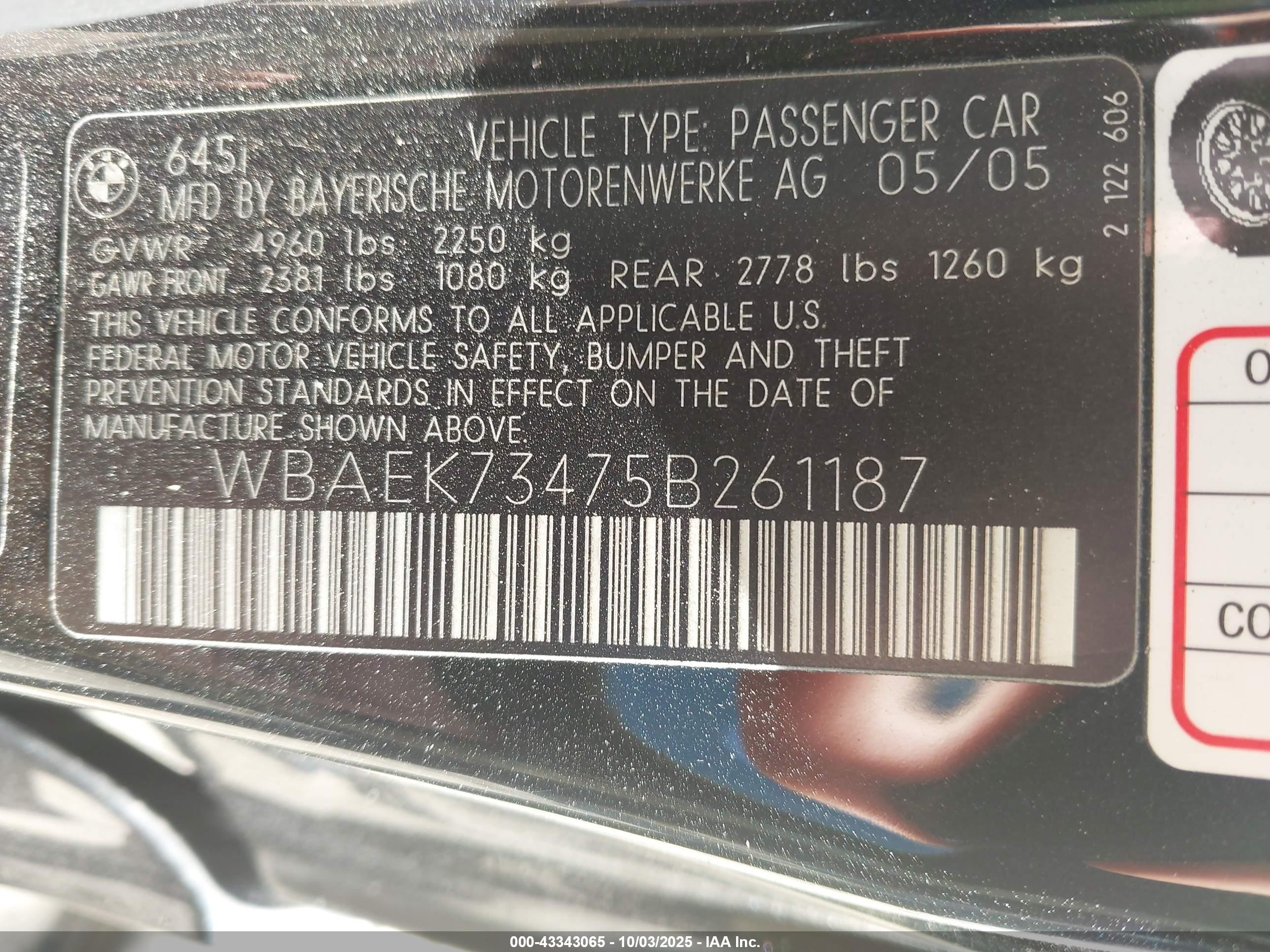 2005 Bmw 645ci   Black vin: WBAEK73475B261187