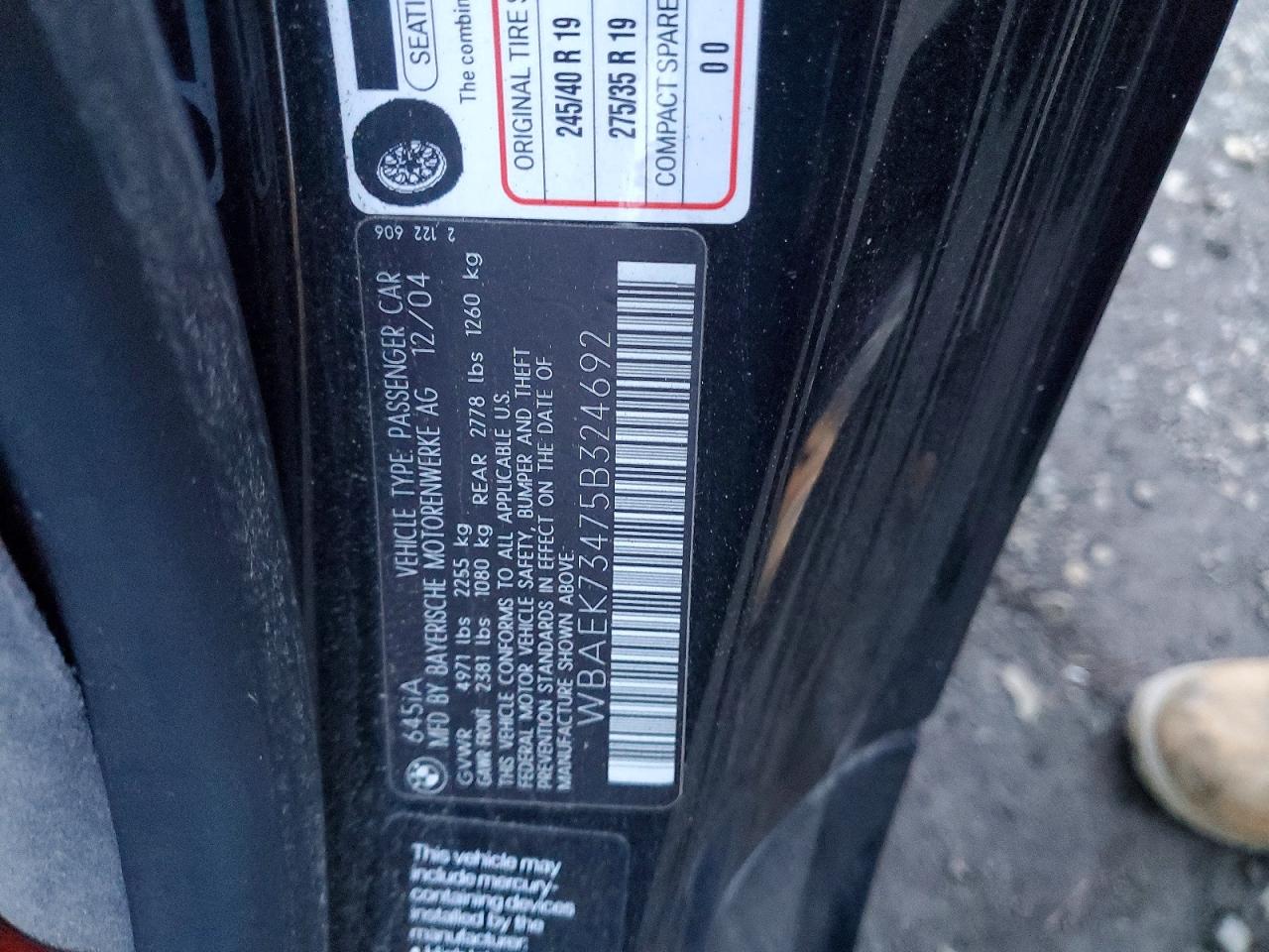 2005 Bmw 645 Ci Automatic Black vin: WBAEK73475B324692