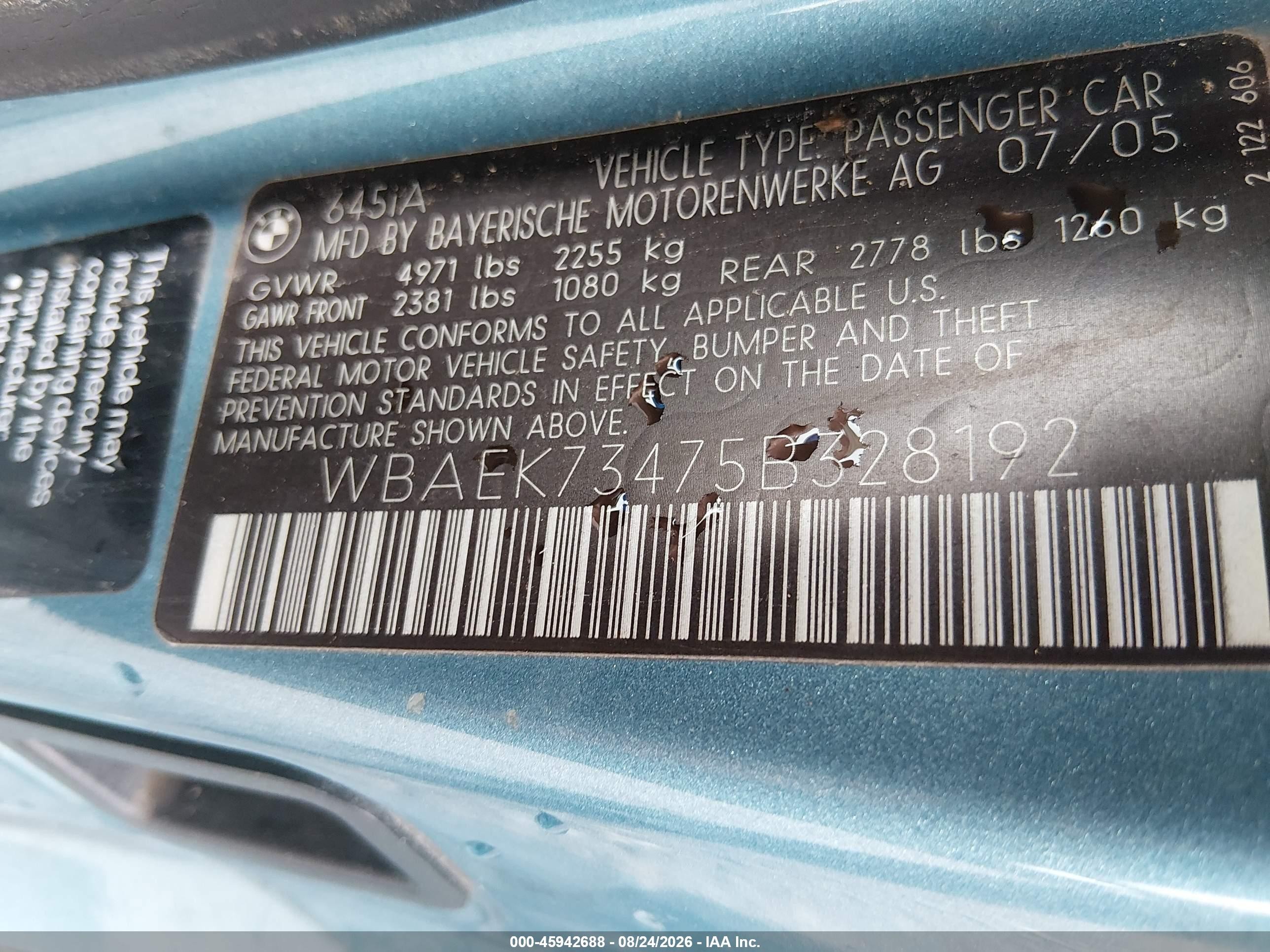 2005 Bmw 645ci   Blue vin: WBAEK73475B328192