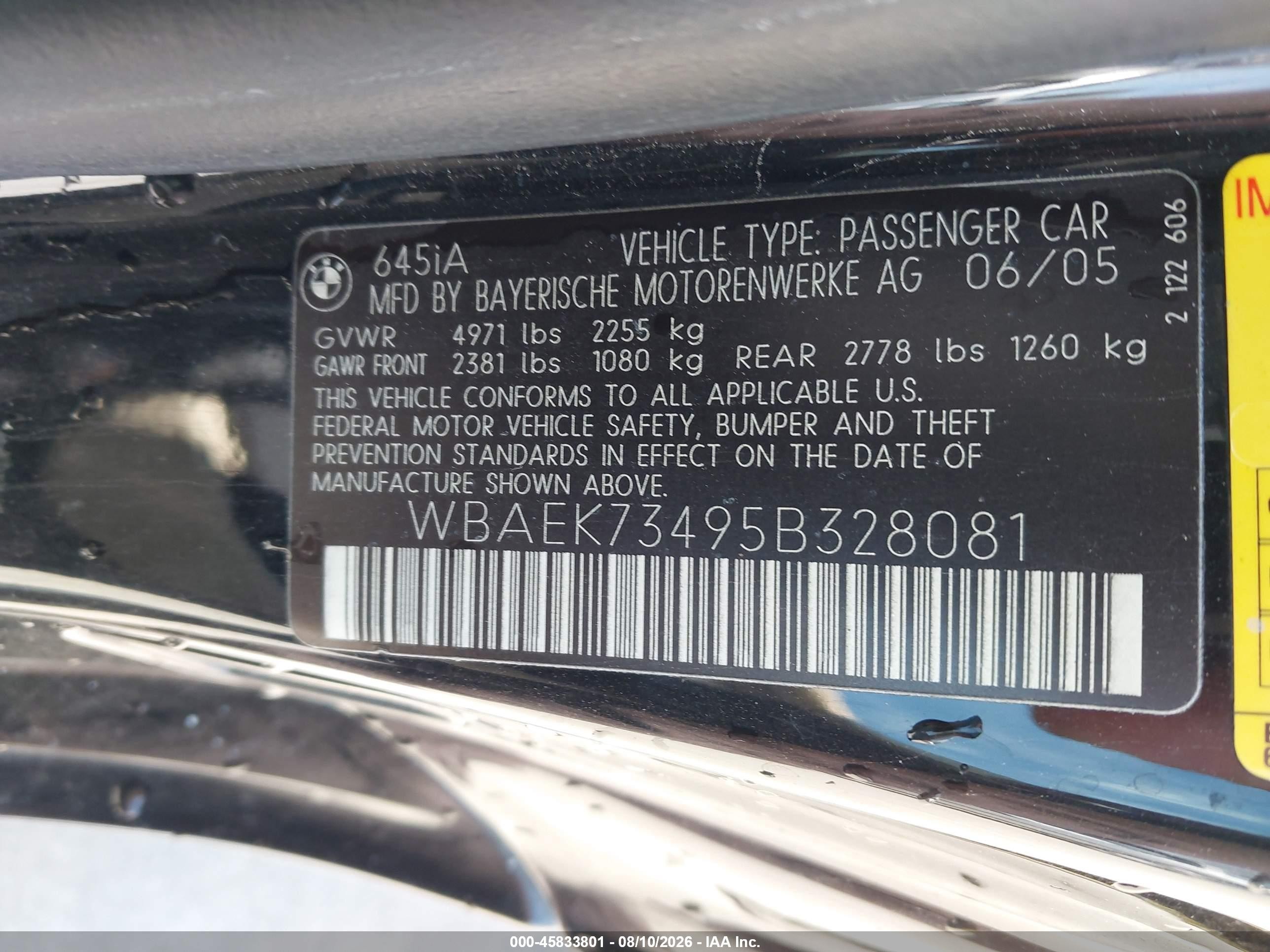 2005 Bmw 645ci   Черный vin: WBAEK73495B328081