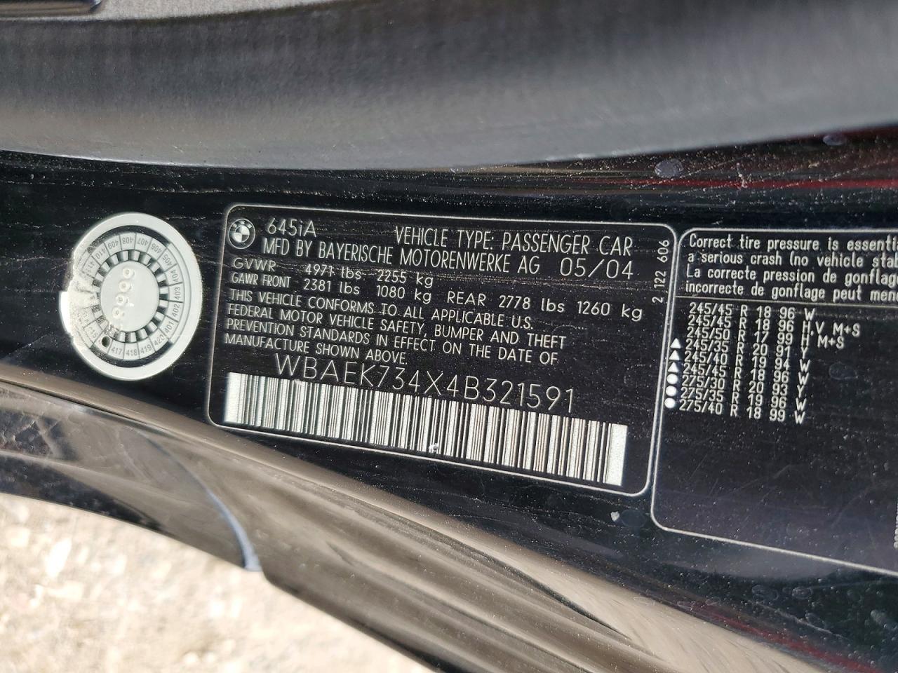 2004 Bmw 645 Ci Automatic Black vin: WBAEK734X4B321591