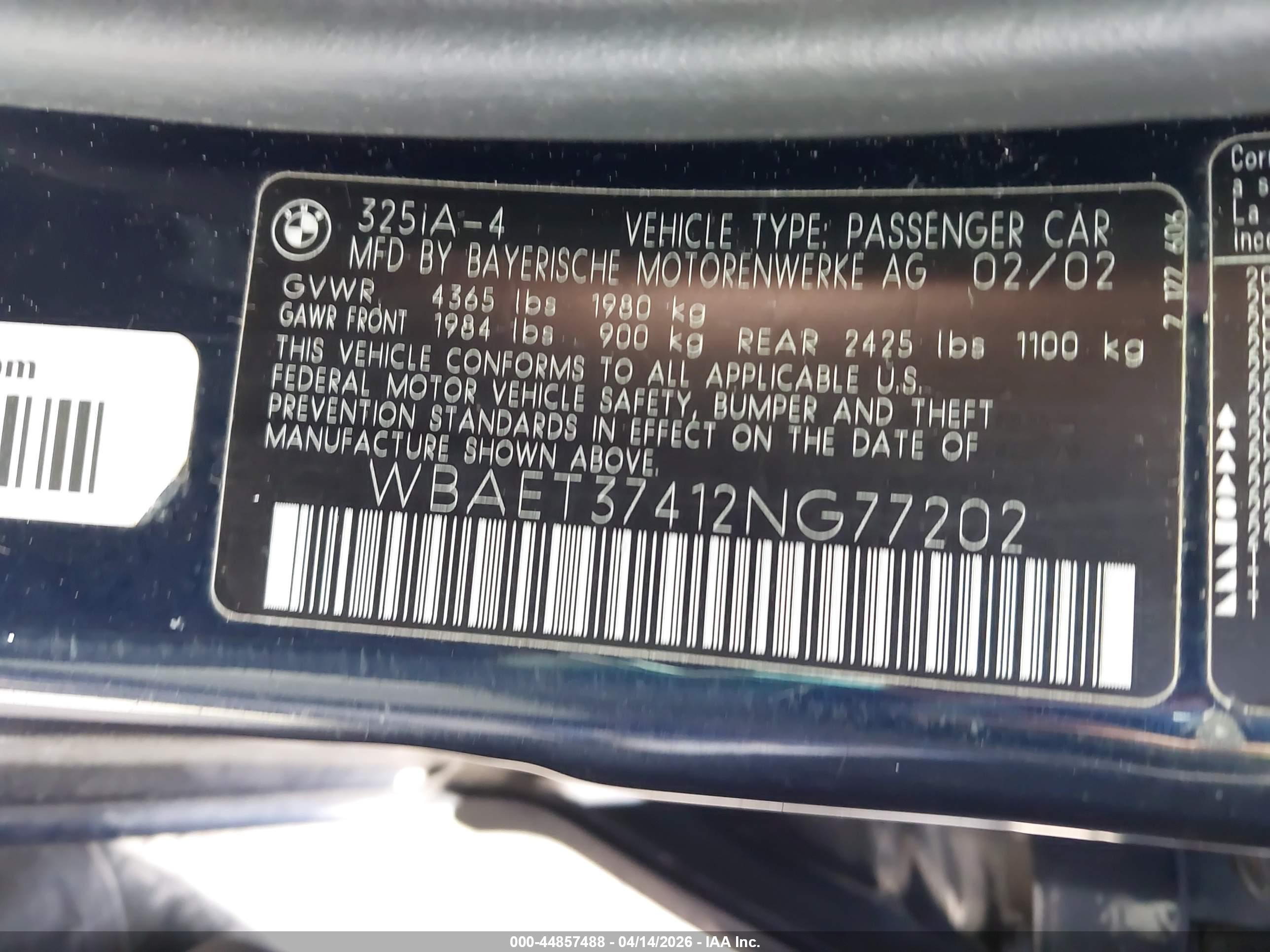 2002 Bmw 325i Blue vin: WBAET37412NG77202