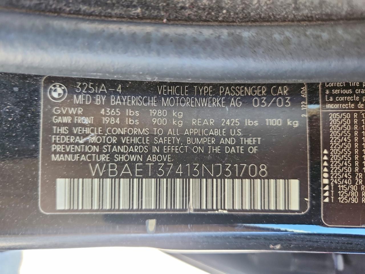 2003 Bmw 325 I Black vin: WBAET37413NJ31708
