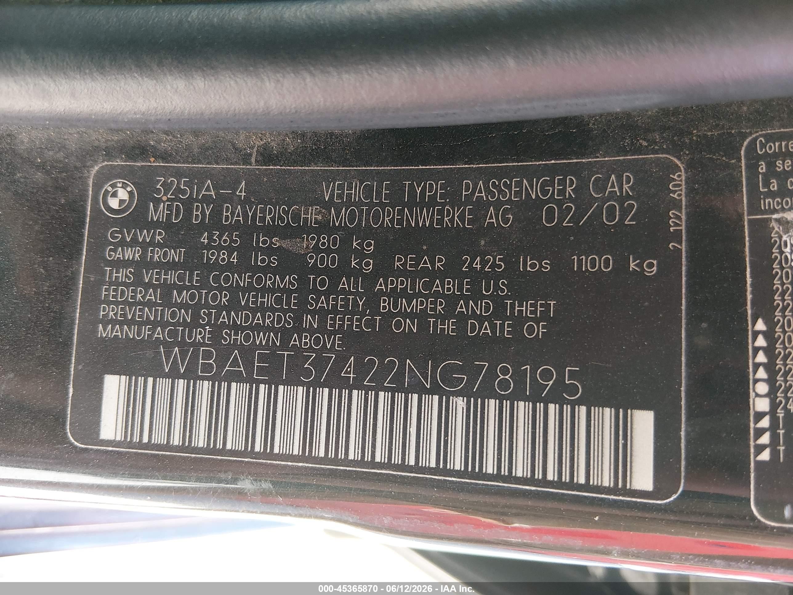 2002 Bmw 325i   Black vin: WBAET37422NG78195