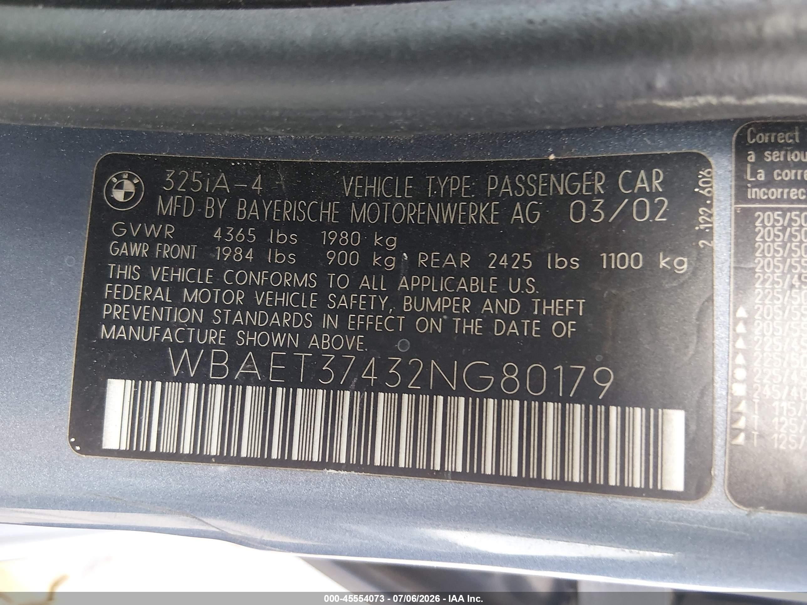 2002 Bmw 3 Series 325i Blue vin: WBAET37432NG80179