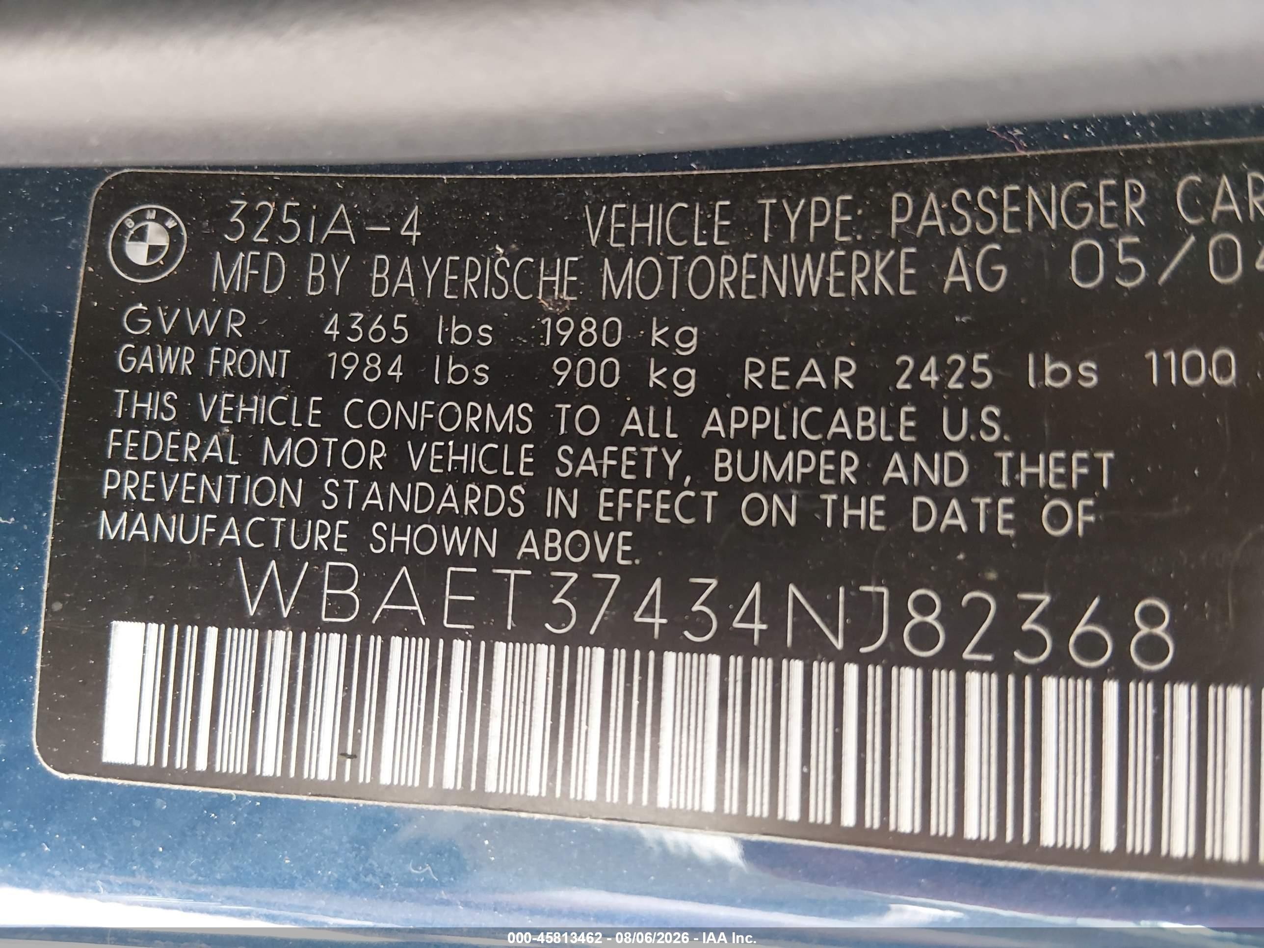 2004 Bmw 325i   Blue vin: WBAET37434NJ82368