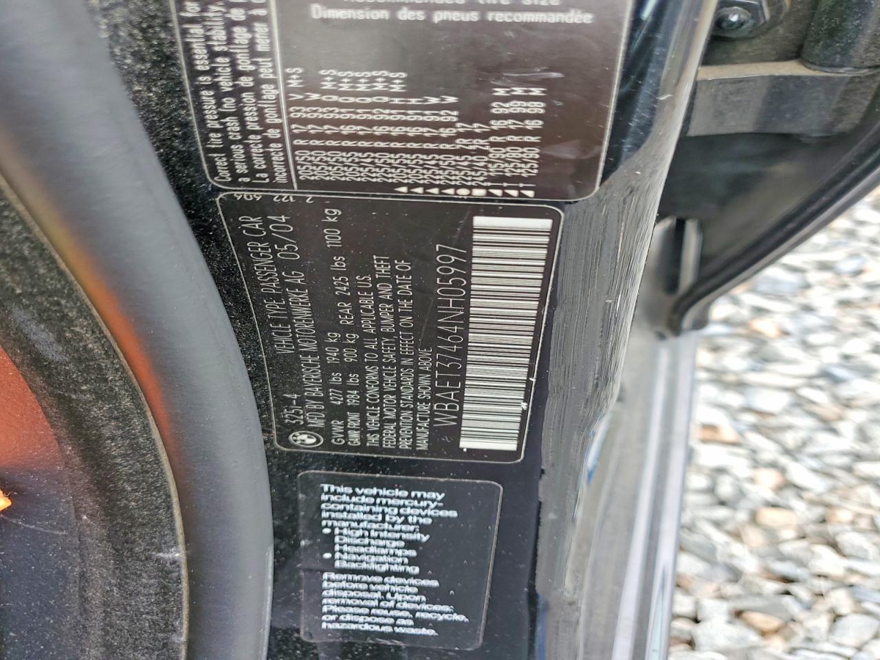 2004 Bmw 325 I Black vin: WBAET37464NH05997