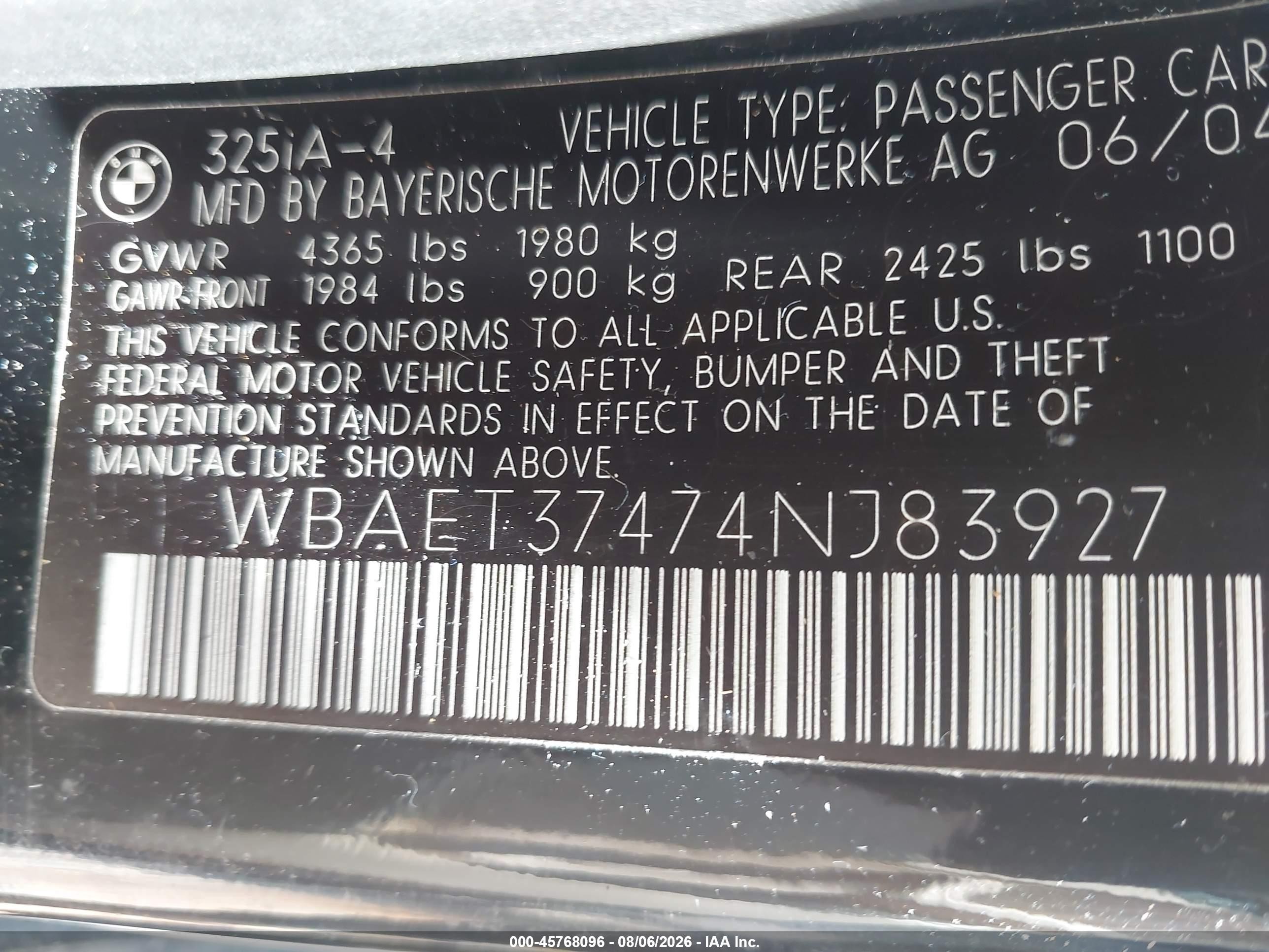 2004 Bmw 325i   Black vin: WBAET37474NJ83927
