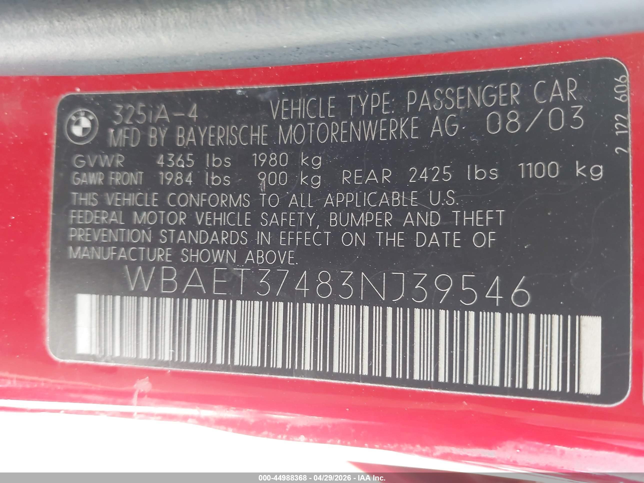 2003 Bmw 325i   Red vin: WBAET37483NJ39546