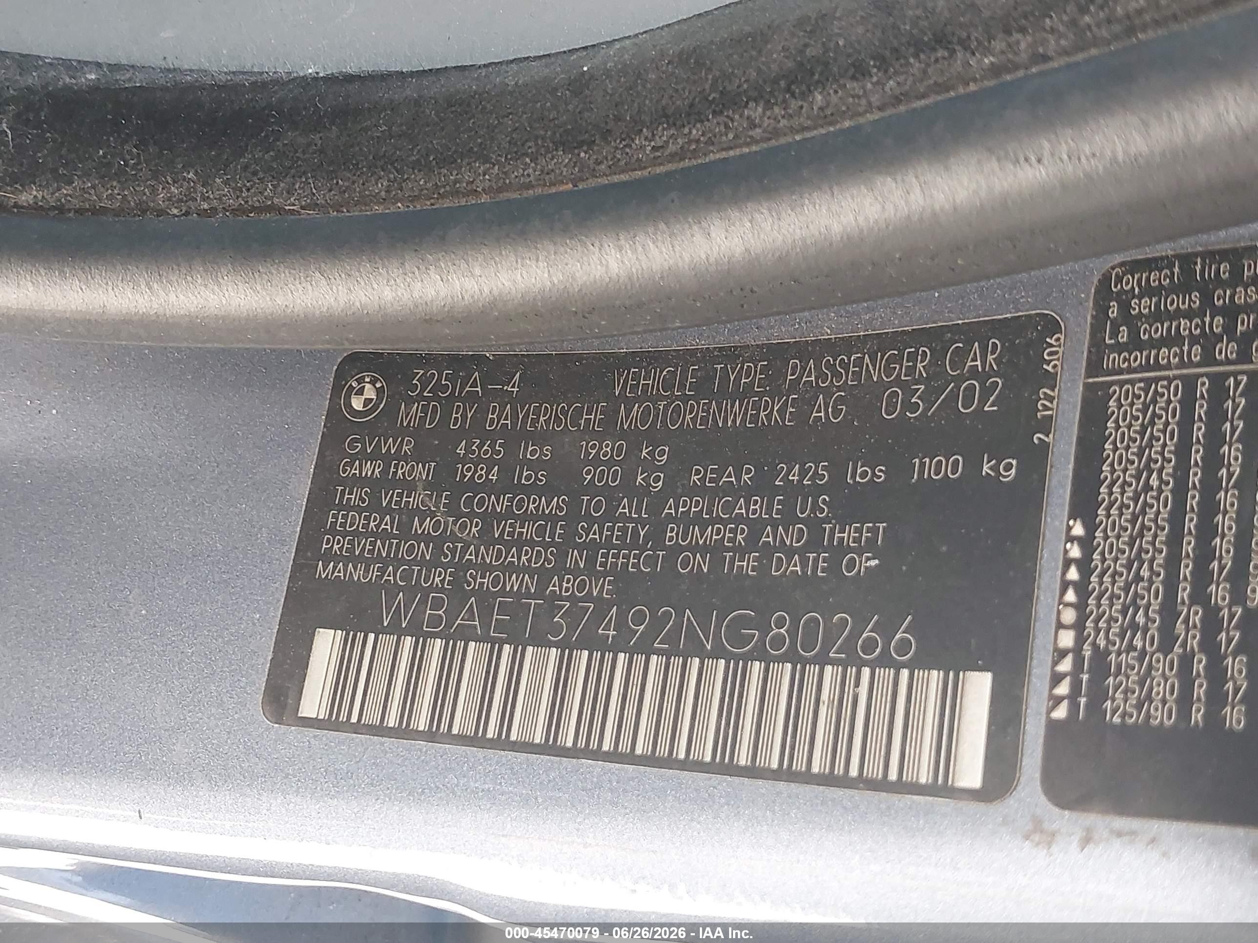 2002 Bmw 325i Серый vin: WBAET37492NG80266