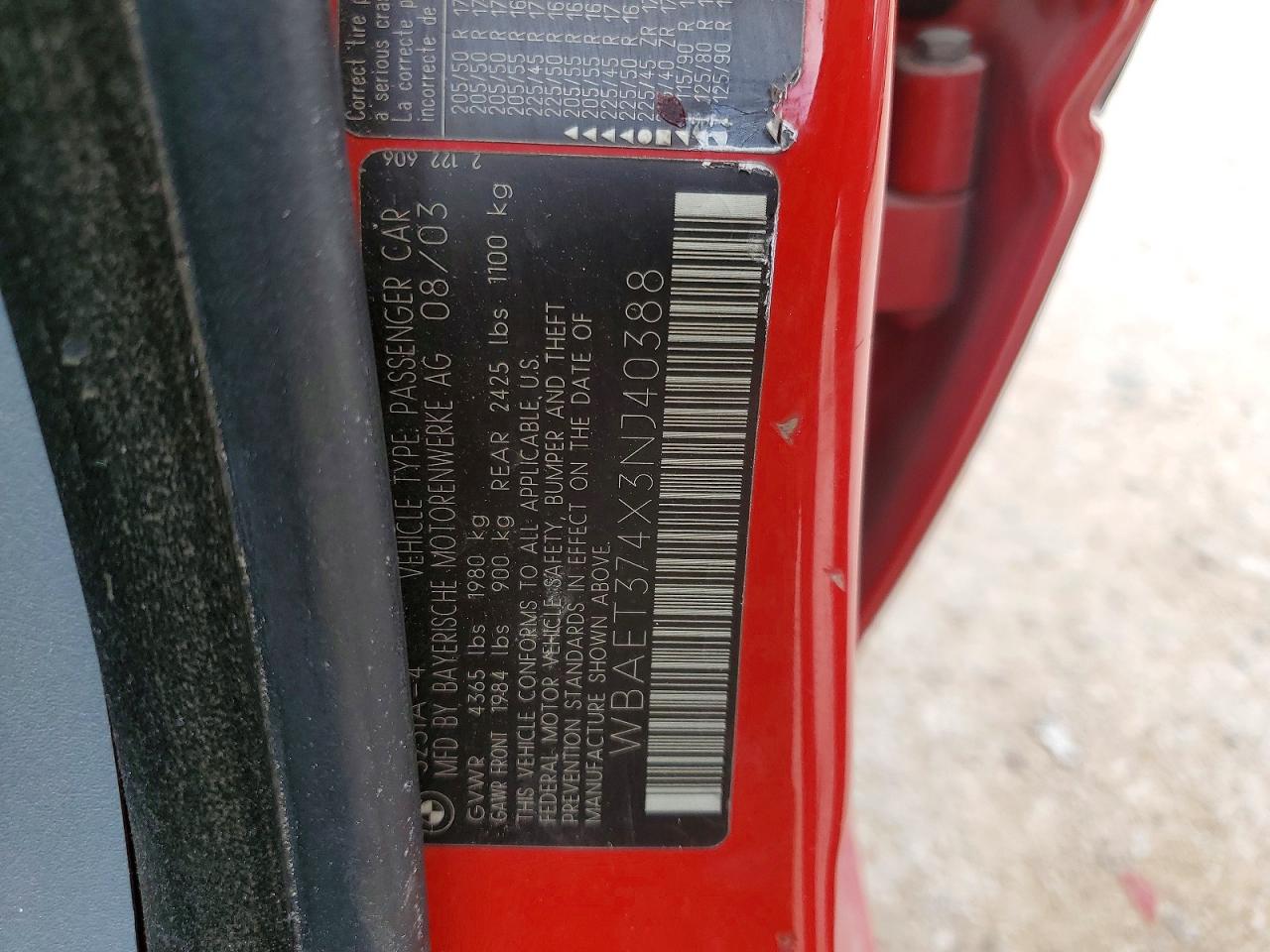 2003 Bmw 325 I Red vin: WBAET374X3NJ40388