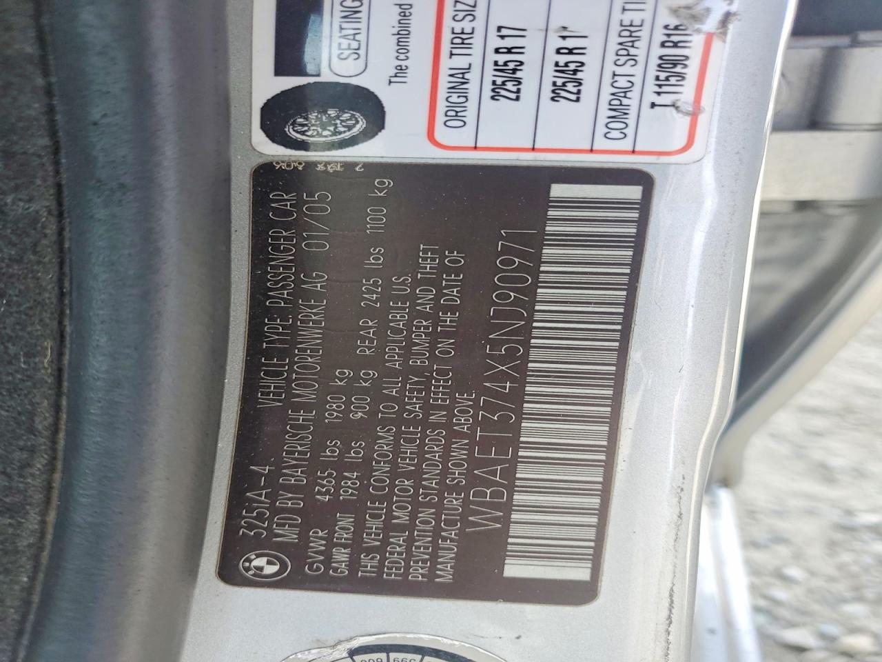 2005 Bmw 325 I Silver vin: WBAET374X5NJ90971