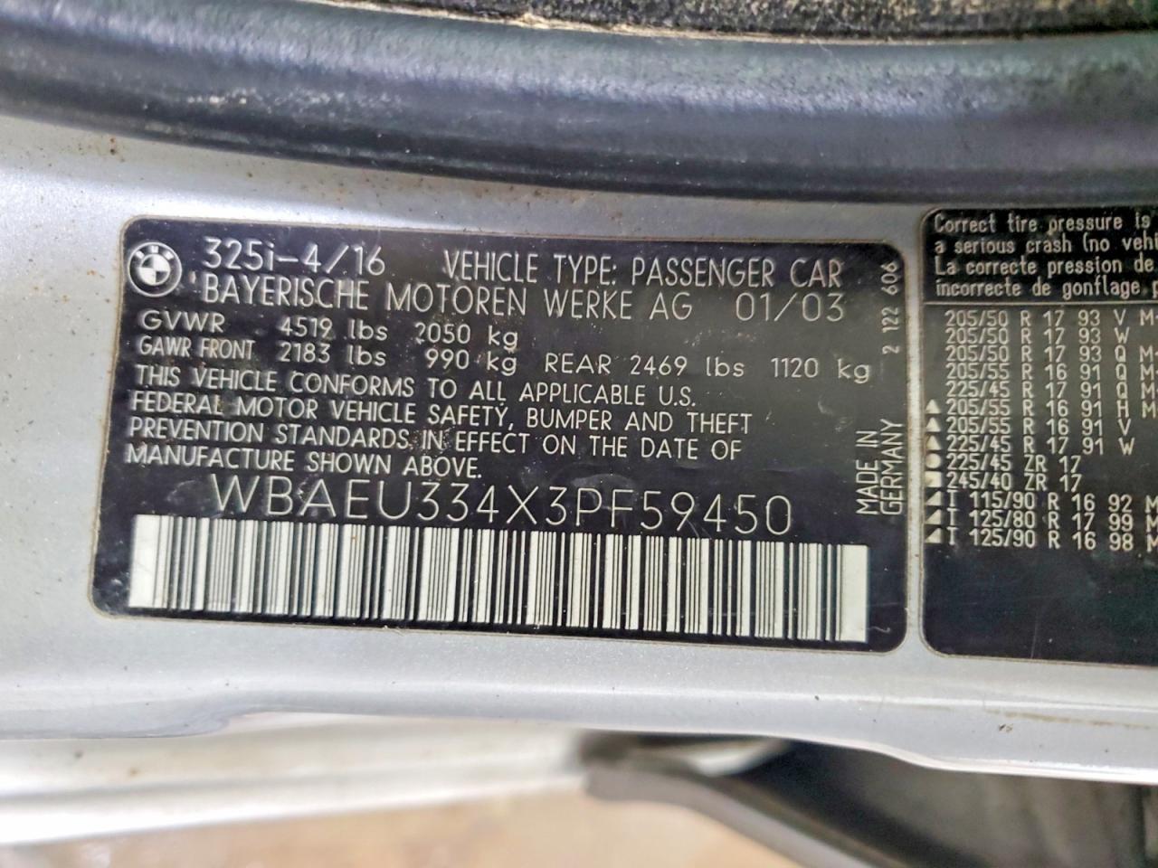 2003 Bmw 325 Xi Silver vin: WBAEU334X3PF59450