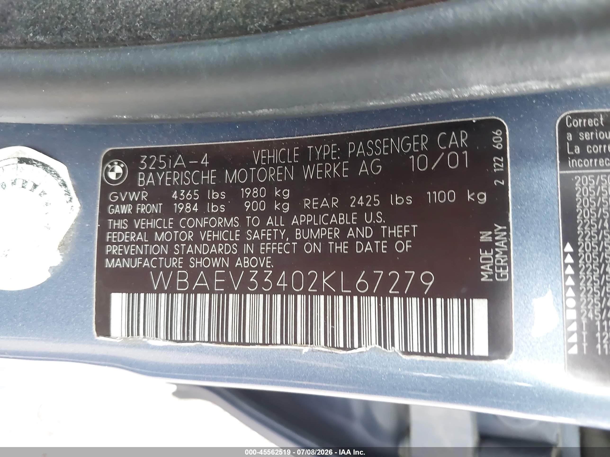 2002 Bmw 3 Series 325i Blue vin: WBAEV33402KL67279