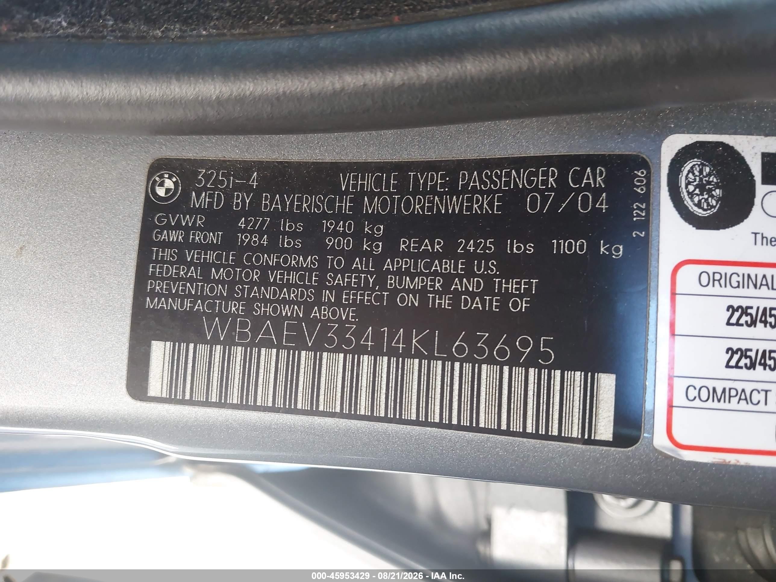 2004 Bmw 325i   Gray vin: WBAEV33414KL63695