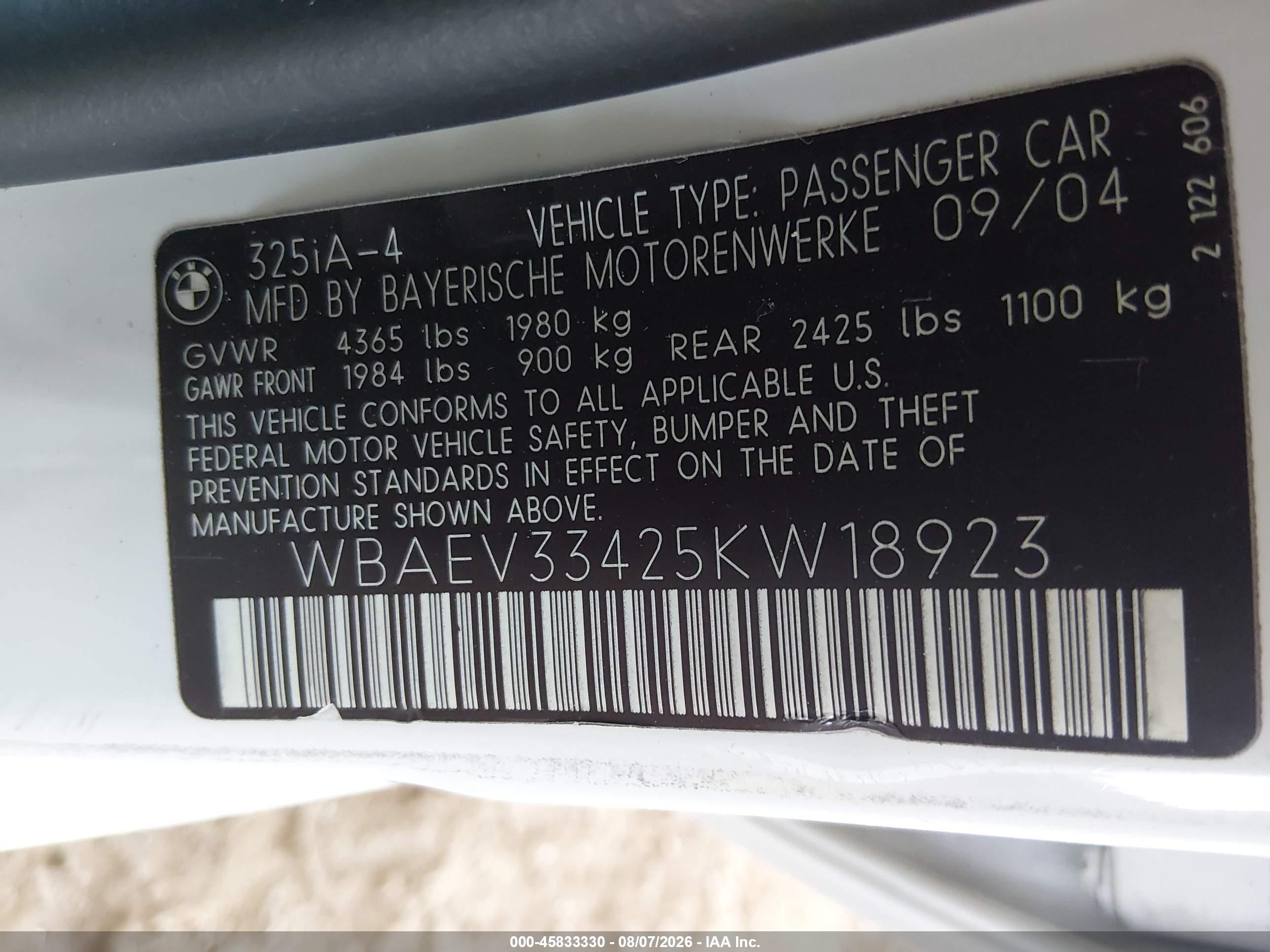 2005 Bmw 325i   Белый vin: WBAEV33425KW18923
