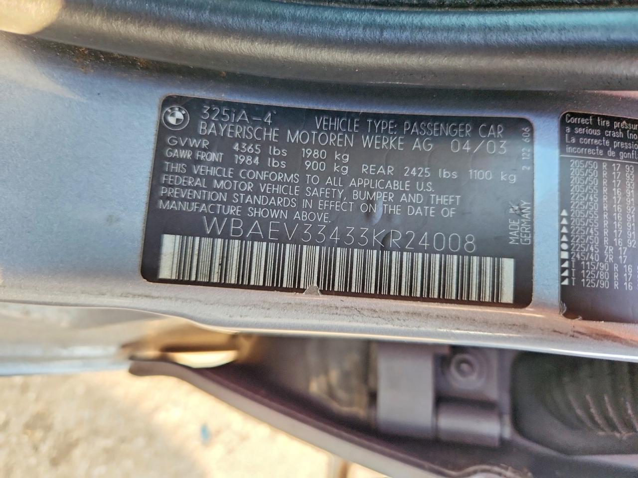 2003 Bmw 325 I Gray vin: WBAEV33433KR24008