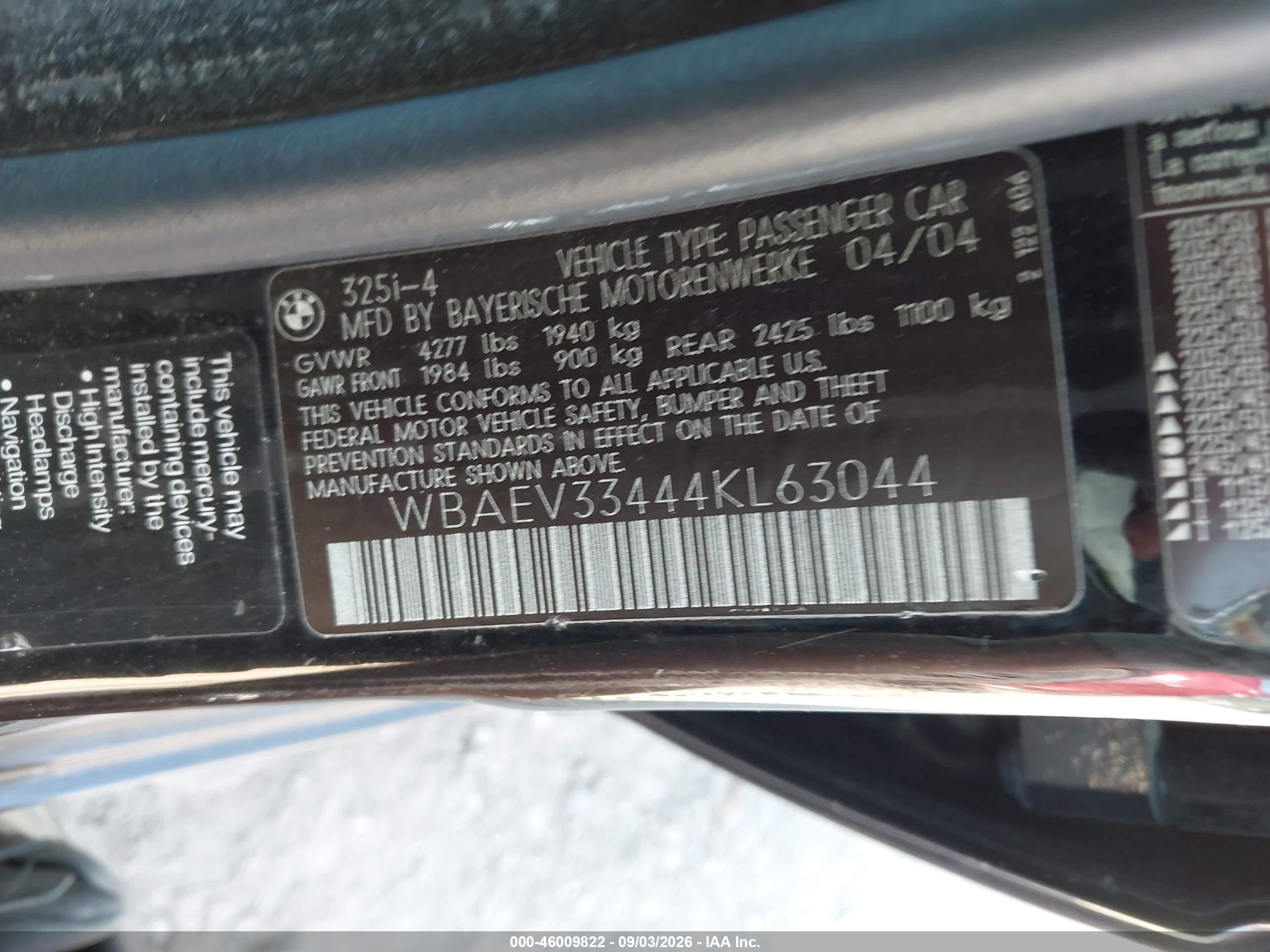 2004 Bmw 325i   Black vin: WBAEV33444KL63044
