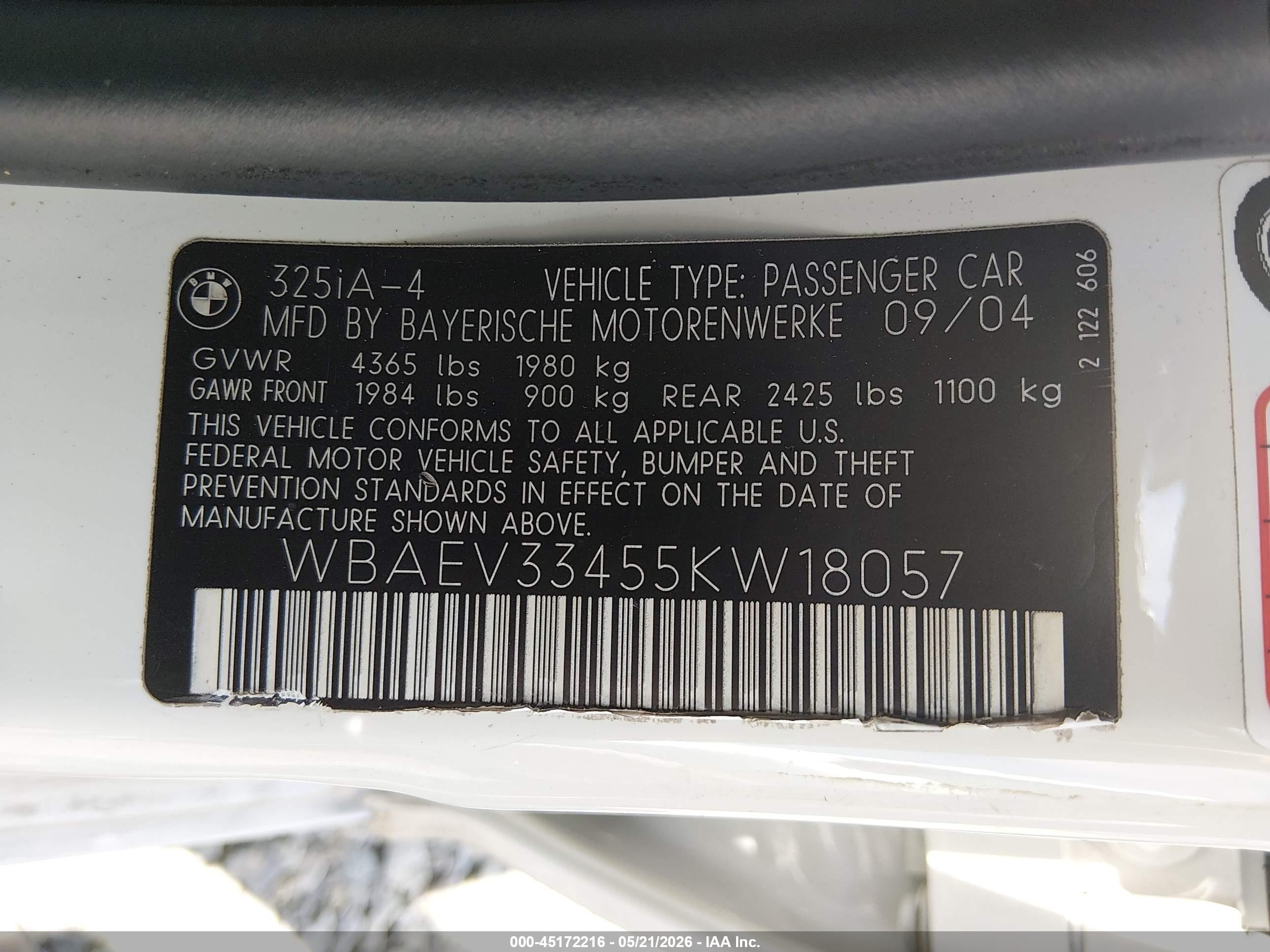 2005 Bmw 325i   White vin: WBAEV33455KW18057