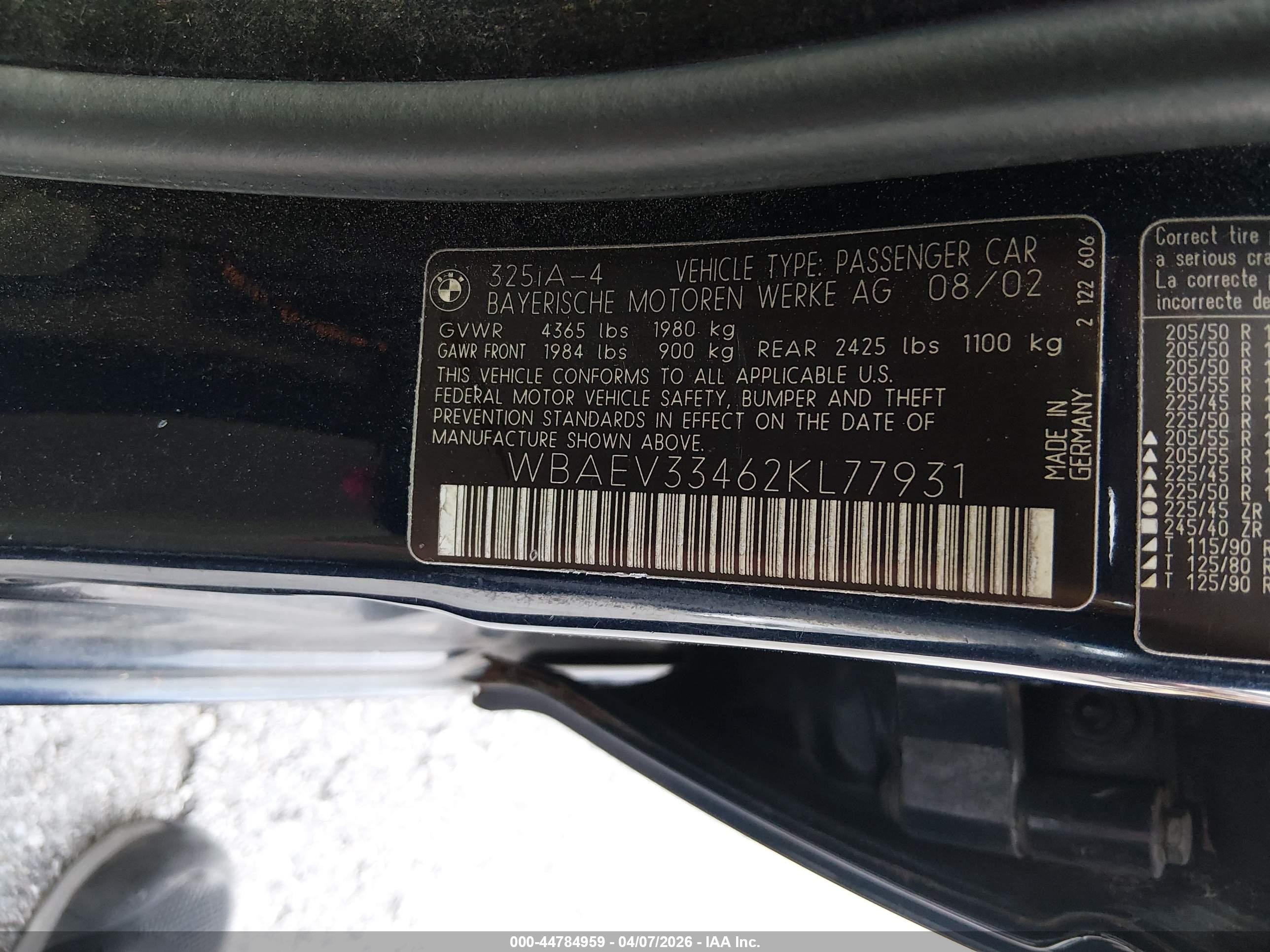 2002 Bmw 325i   Синий vin: WBAEV33462KL77931