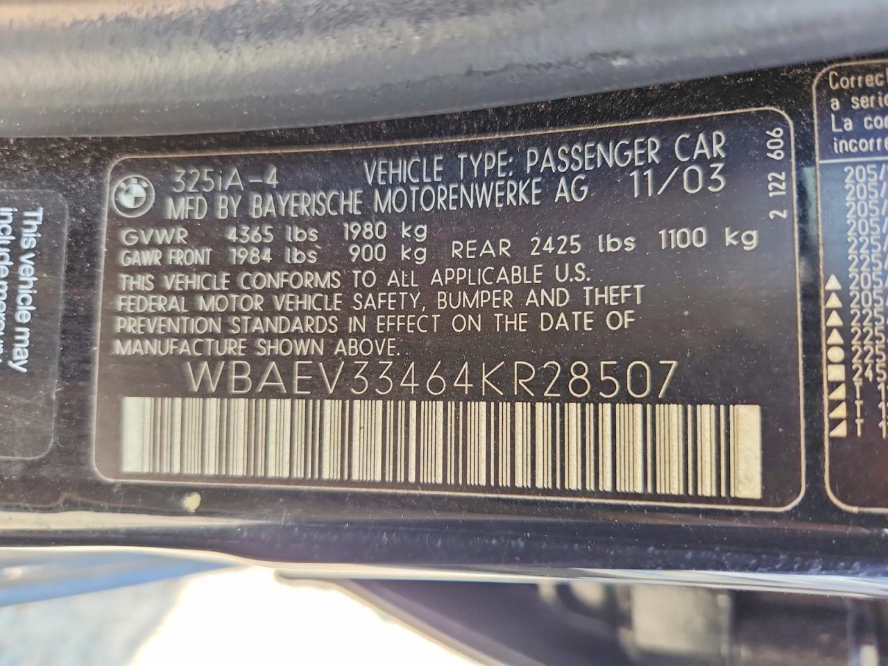 2004 Bmw 325 I Black vin: WBAEV33464KR28507