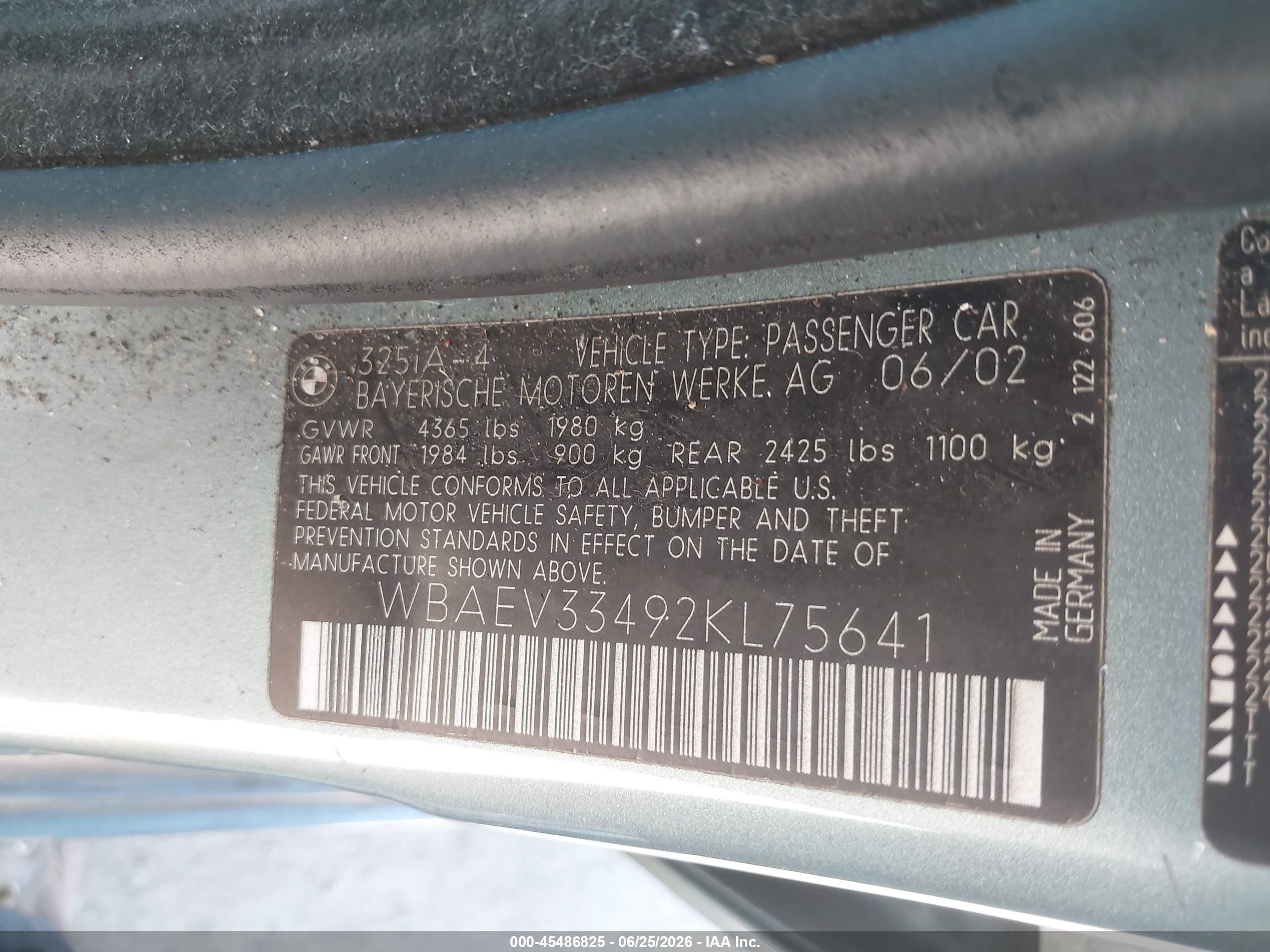 2002 Bmw 3 Series 325i Teal vin: WBAEV33492KL75641
