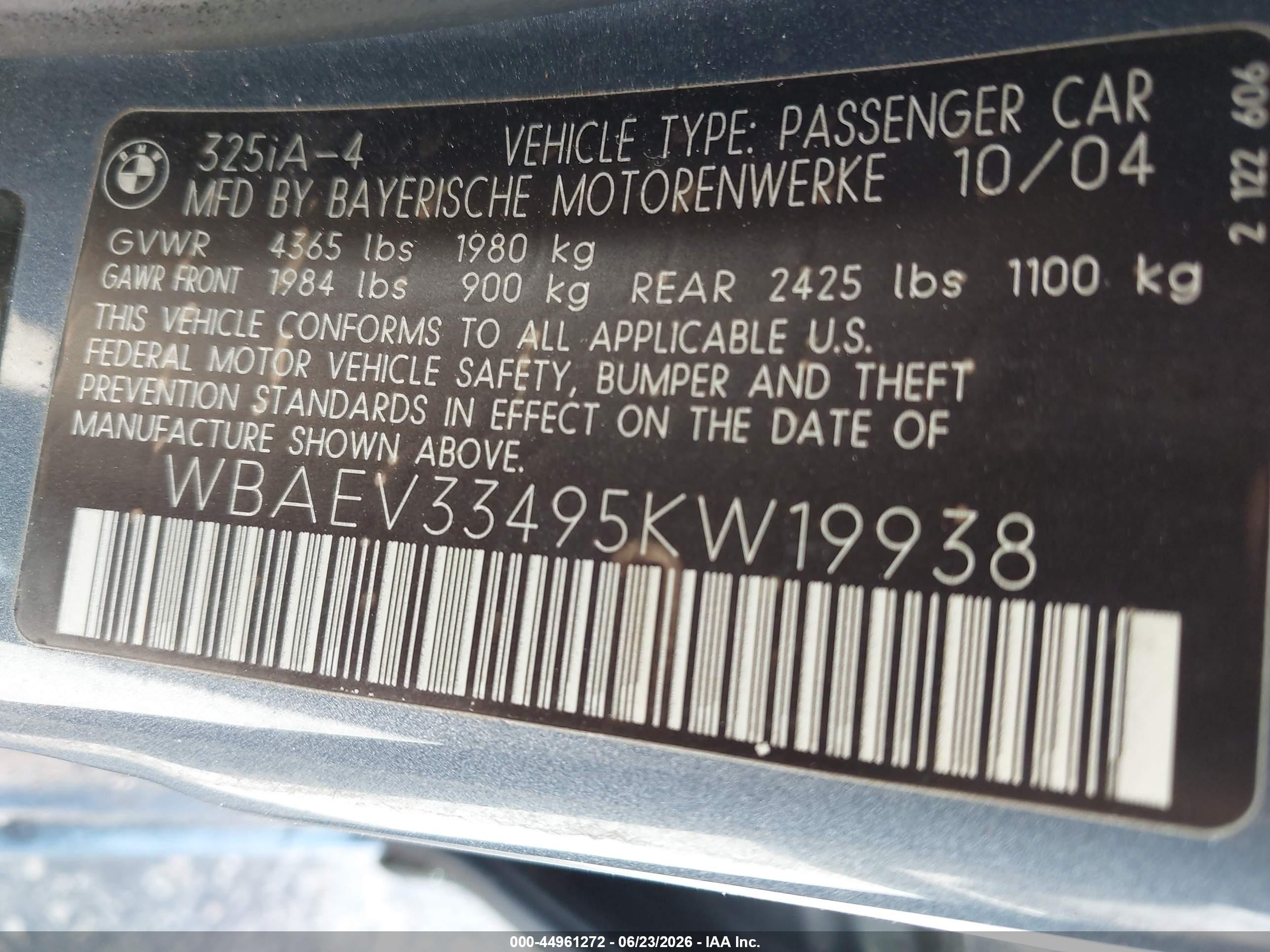 2005 Bmw 325i   Blue vin: WBAEV33495KW19938