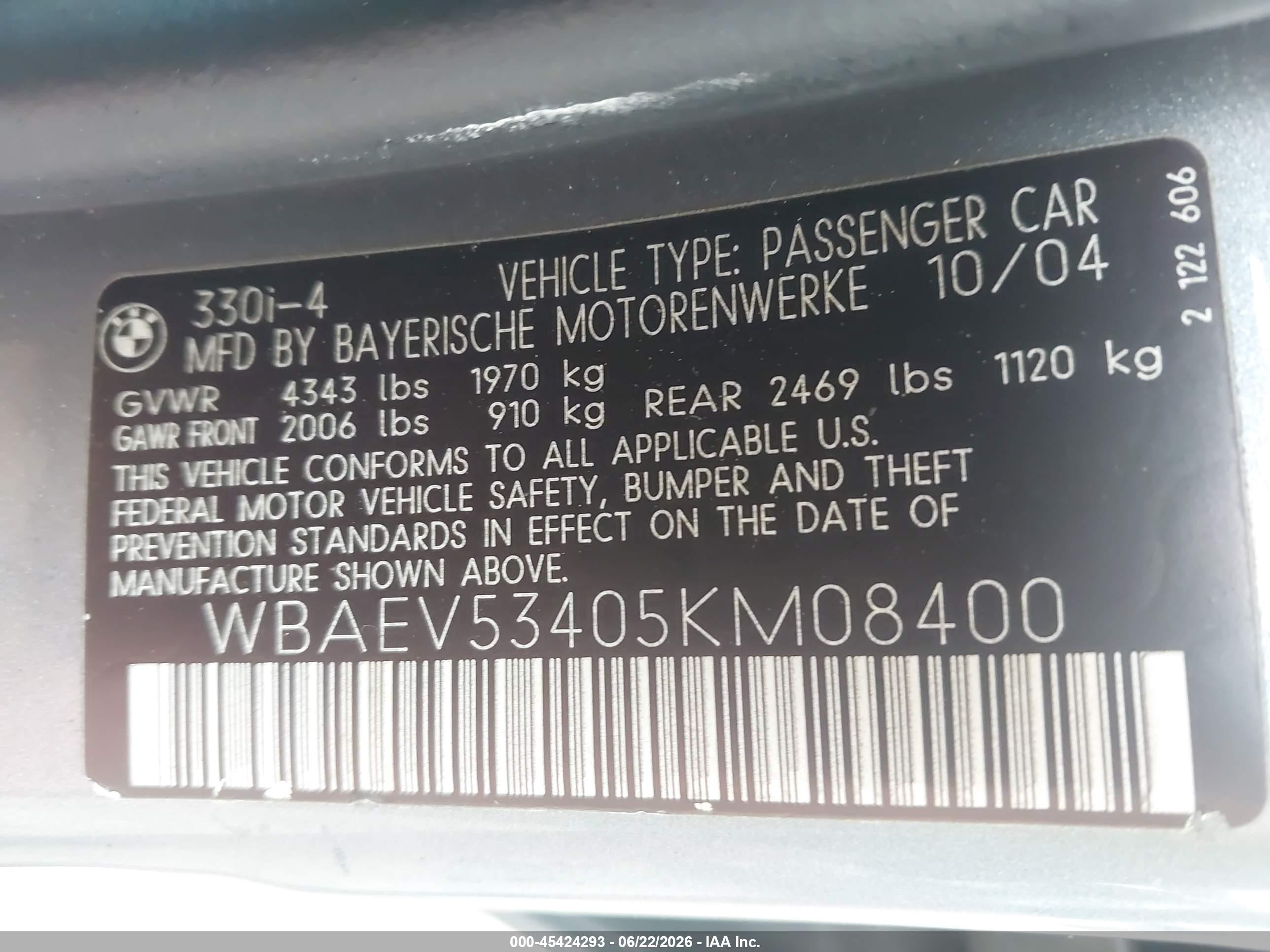 2005 Bmw 330i   Blue vin: WBAEV53405KM08400