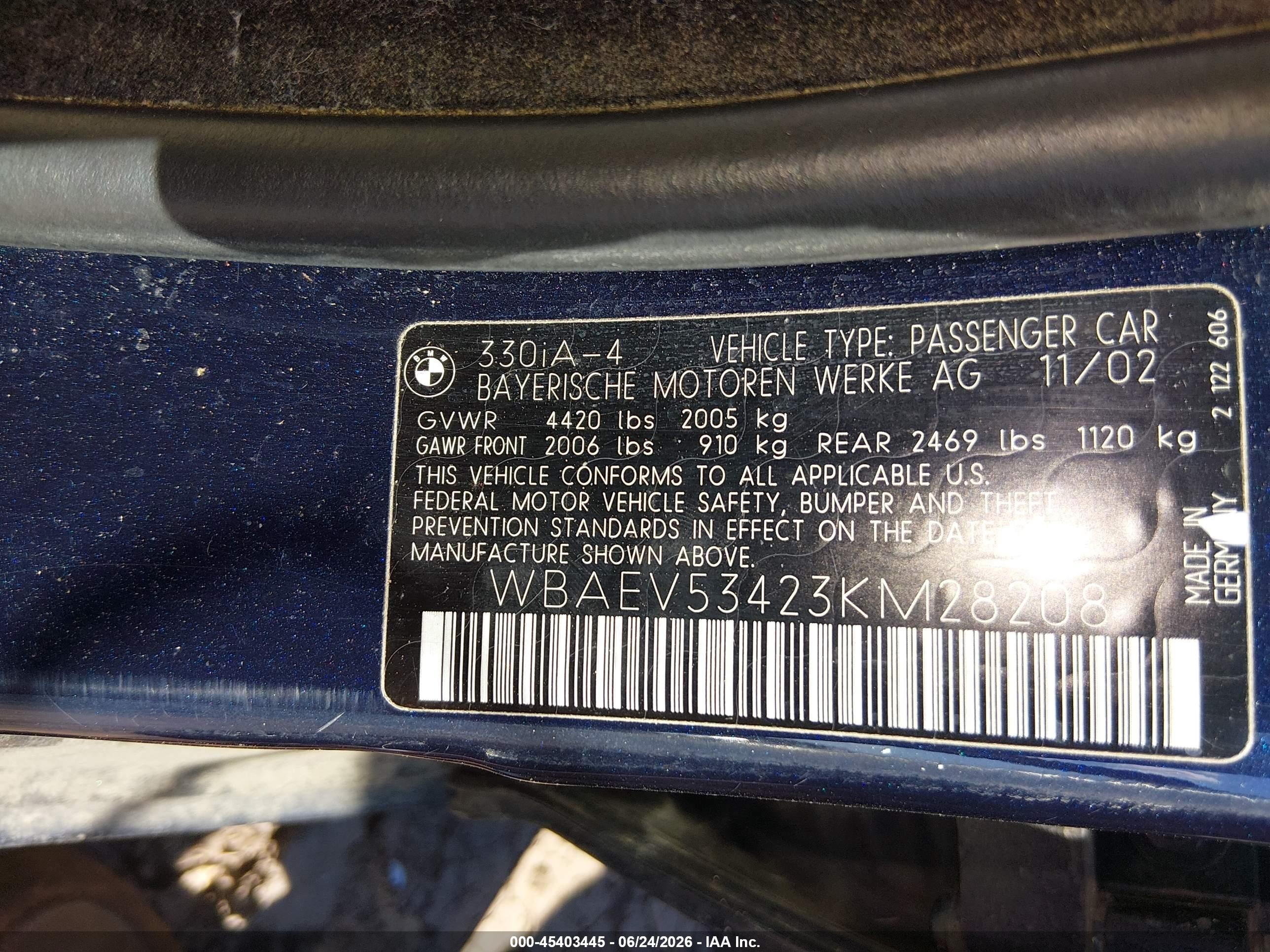 2003 Bmw 330i   Blue vin: WBAEV53423KM28208