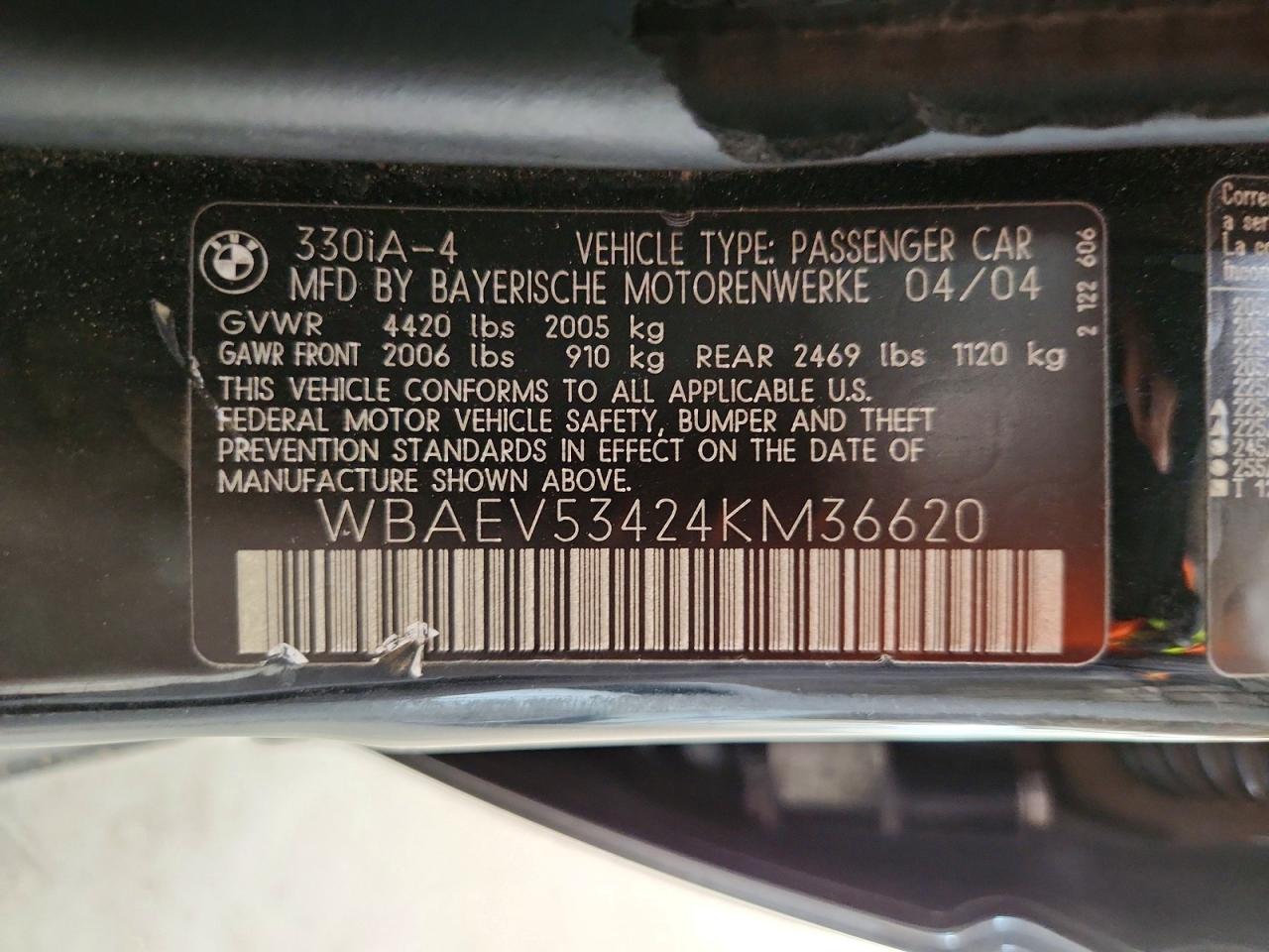 2004 Bmw 330 I Black vin: WBAEV53424KM36620