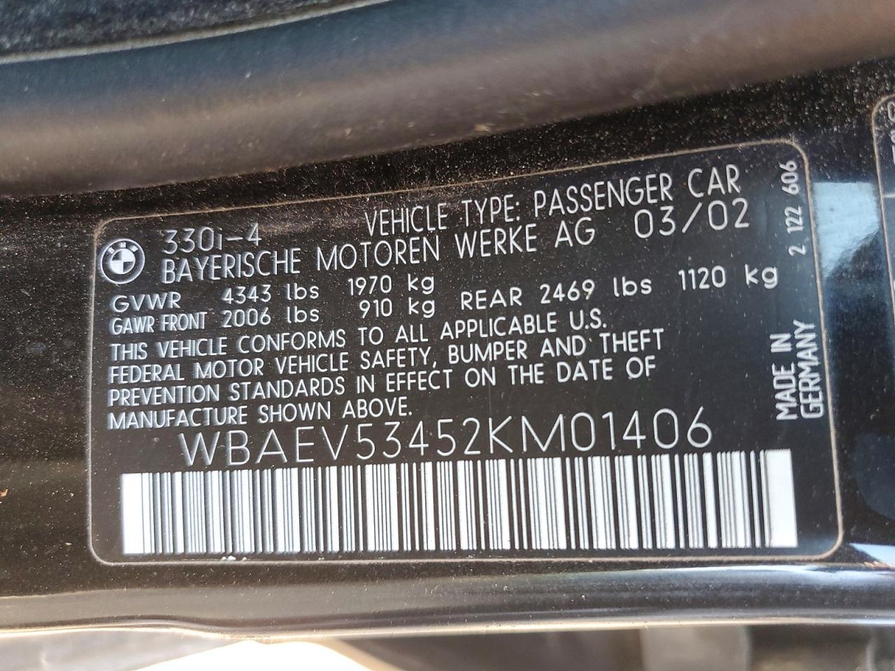 2002 Bmw 330 I Black vin: WBAEV53452KM01406