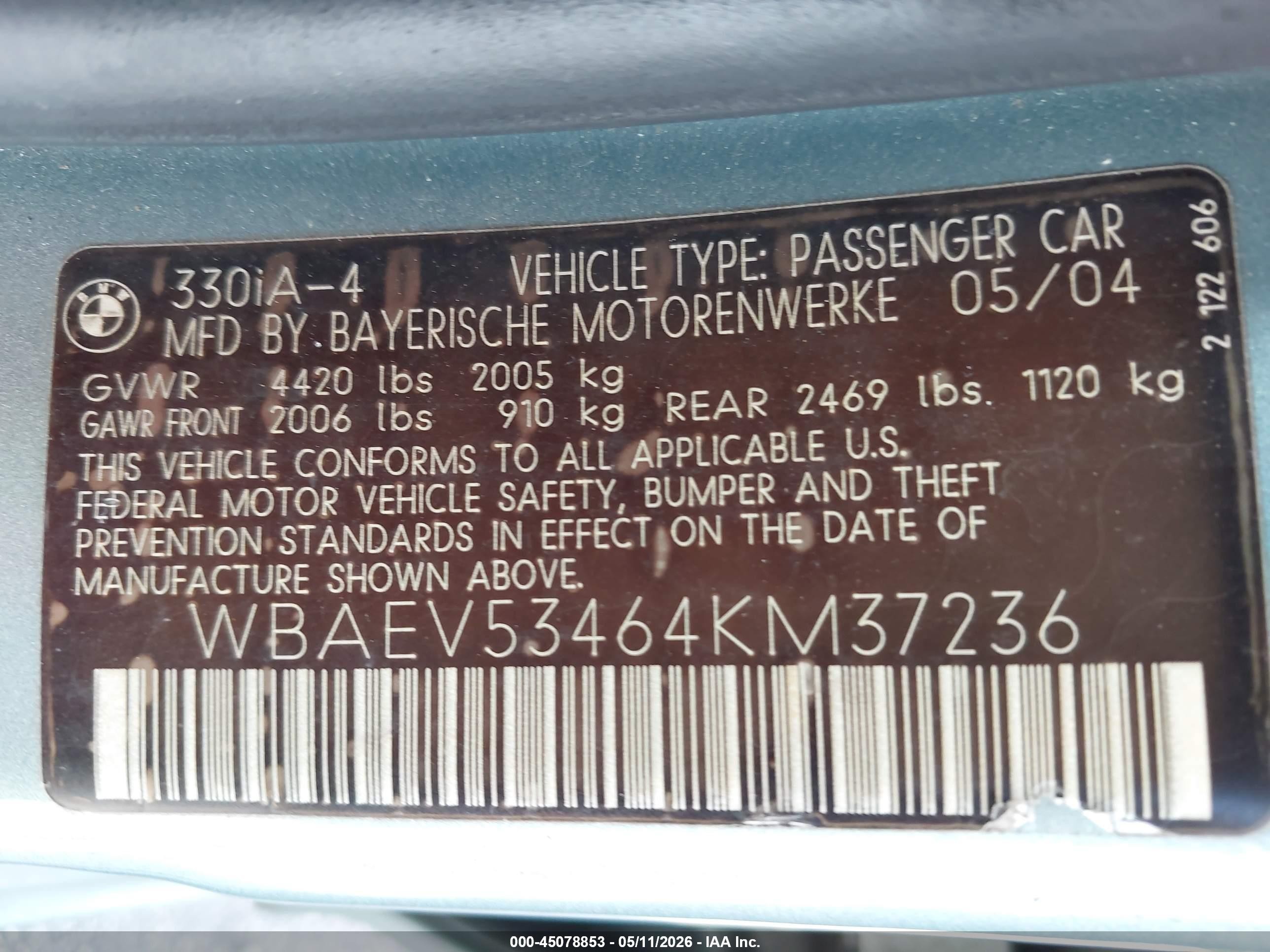 2004 Bmw 330i   Silver vin: WBAEV53464KM37236
