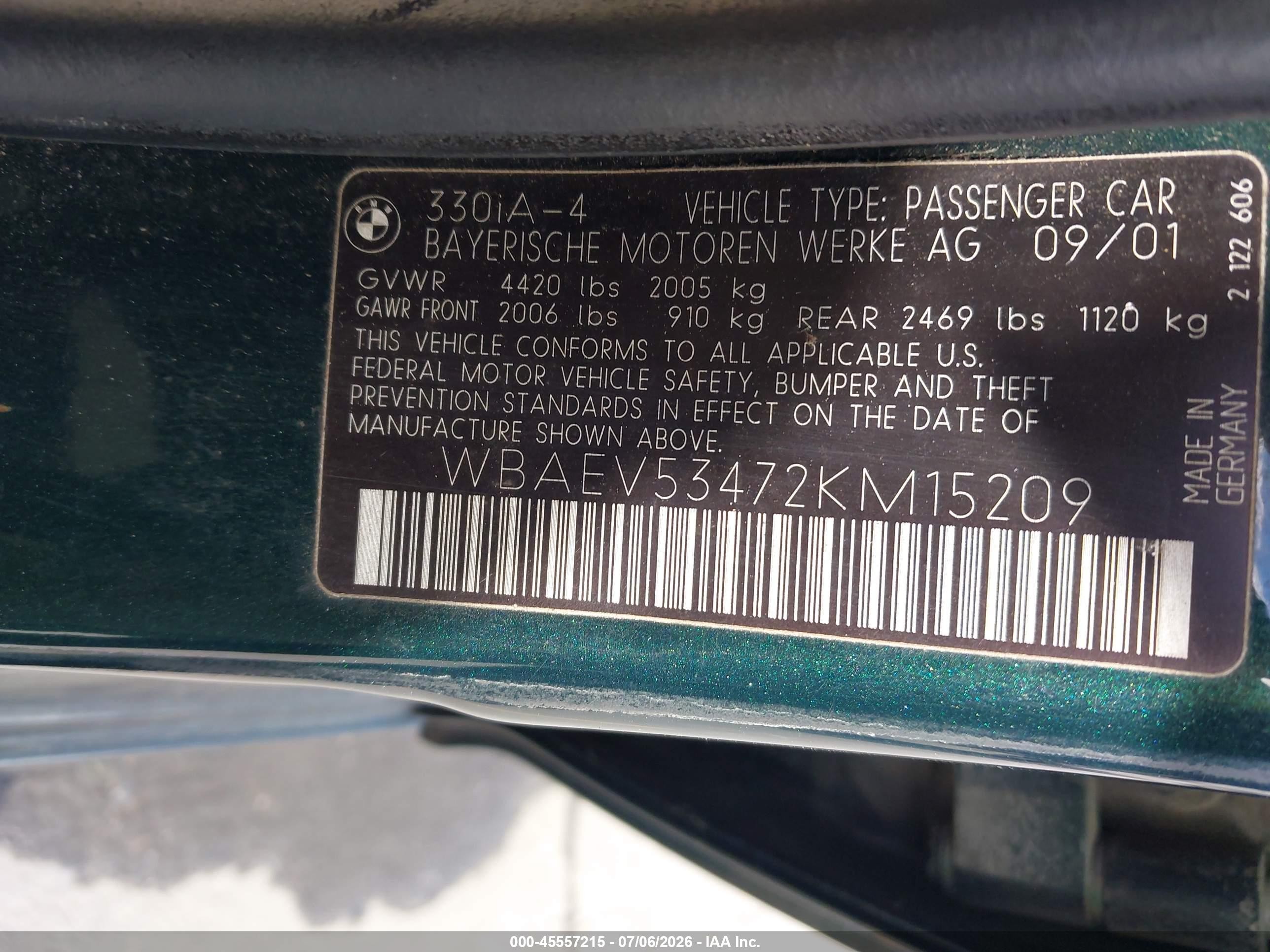 2002 Bmw 3 Series 330i Green vin: WBAEV53472KM15209