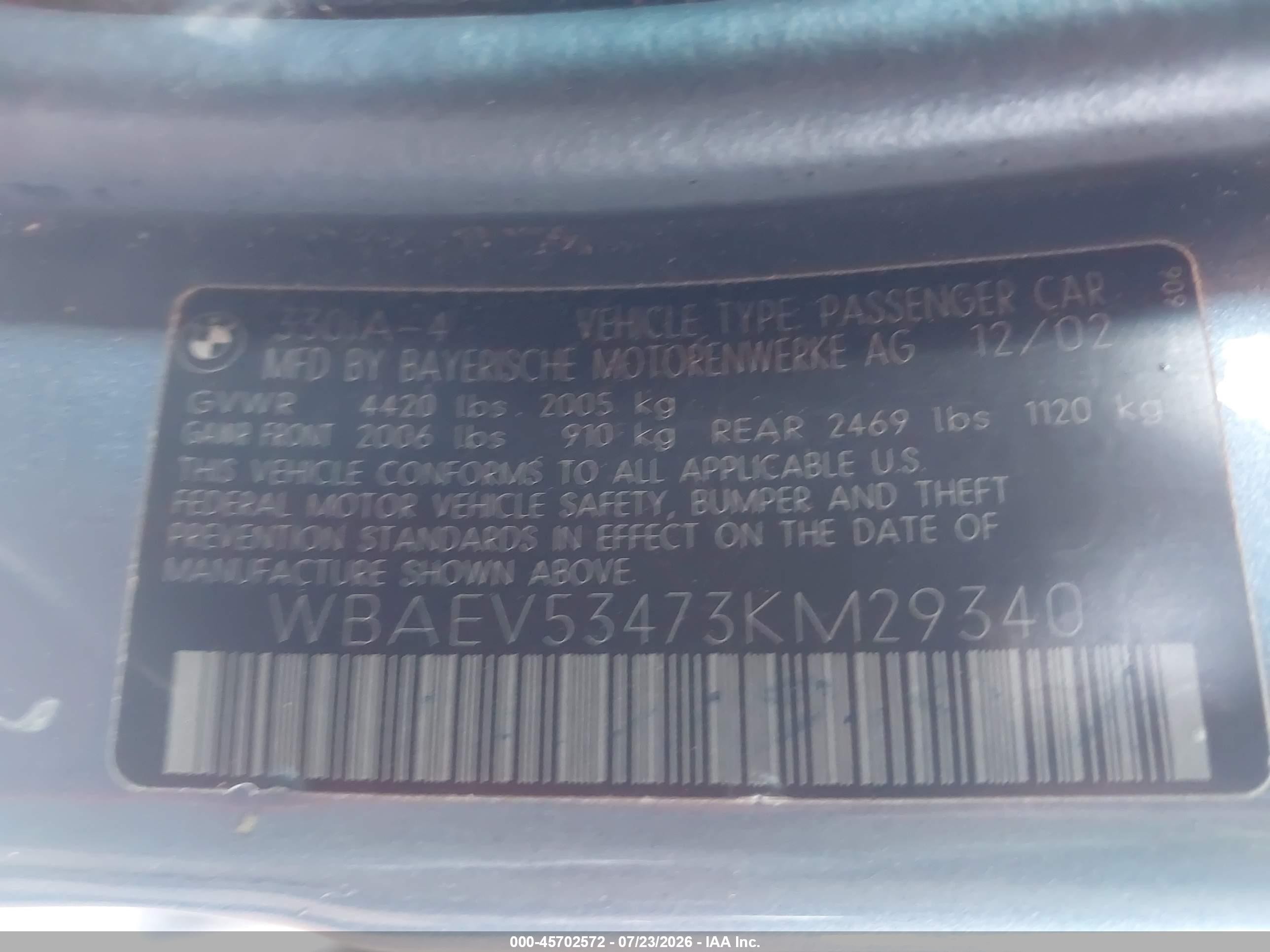 2003 Bmw 330i   Blue vin: WBAEV53473KM29340